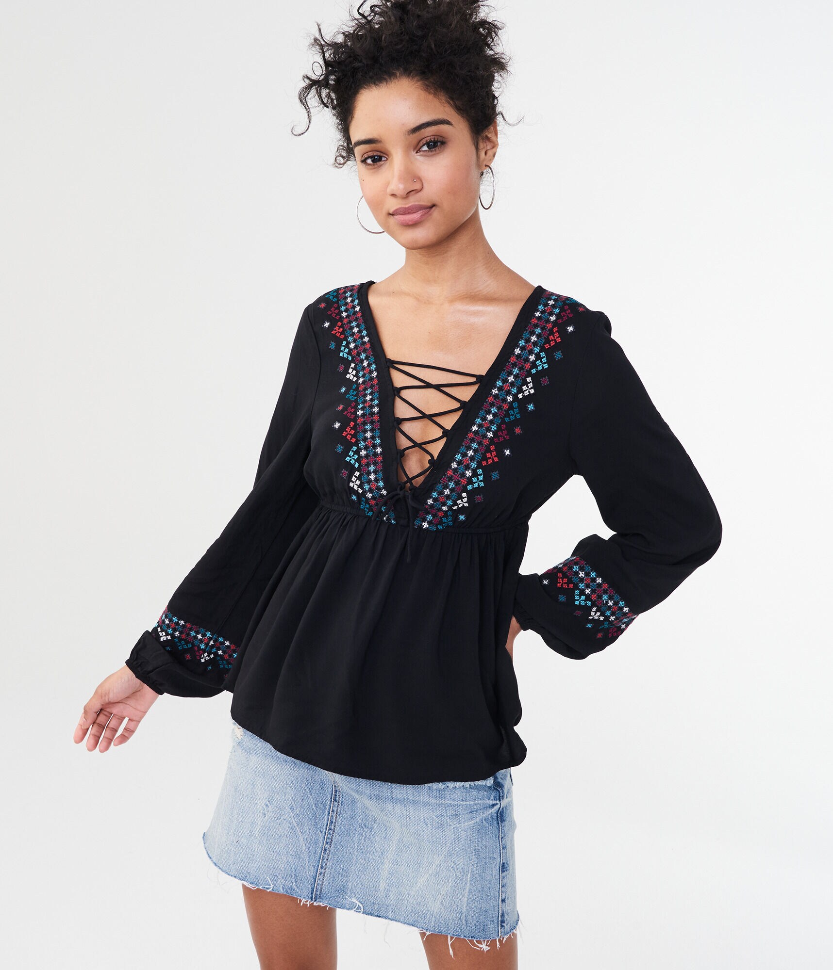 Long Sleeve Embroidered Lace-Up Peasant Top