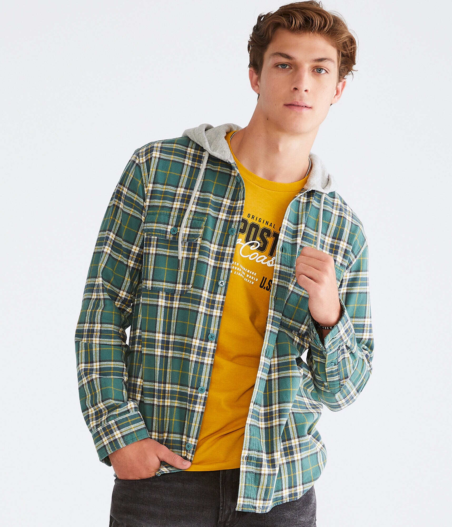 Long Sleeve Plaid Hooded Flannel Shirt