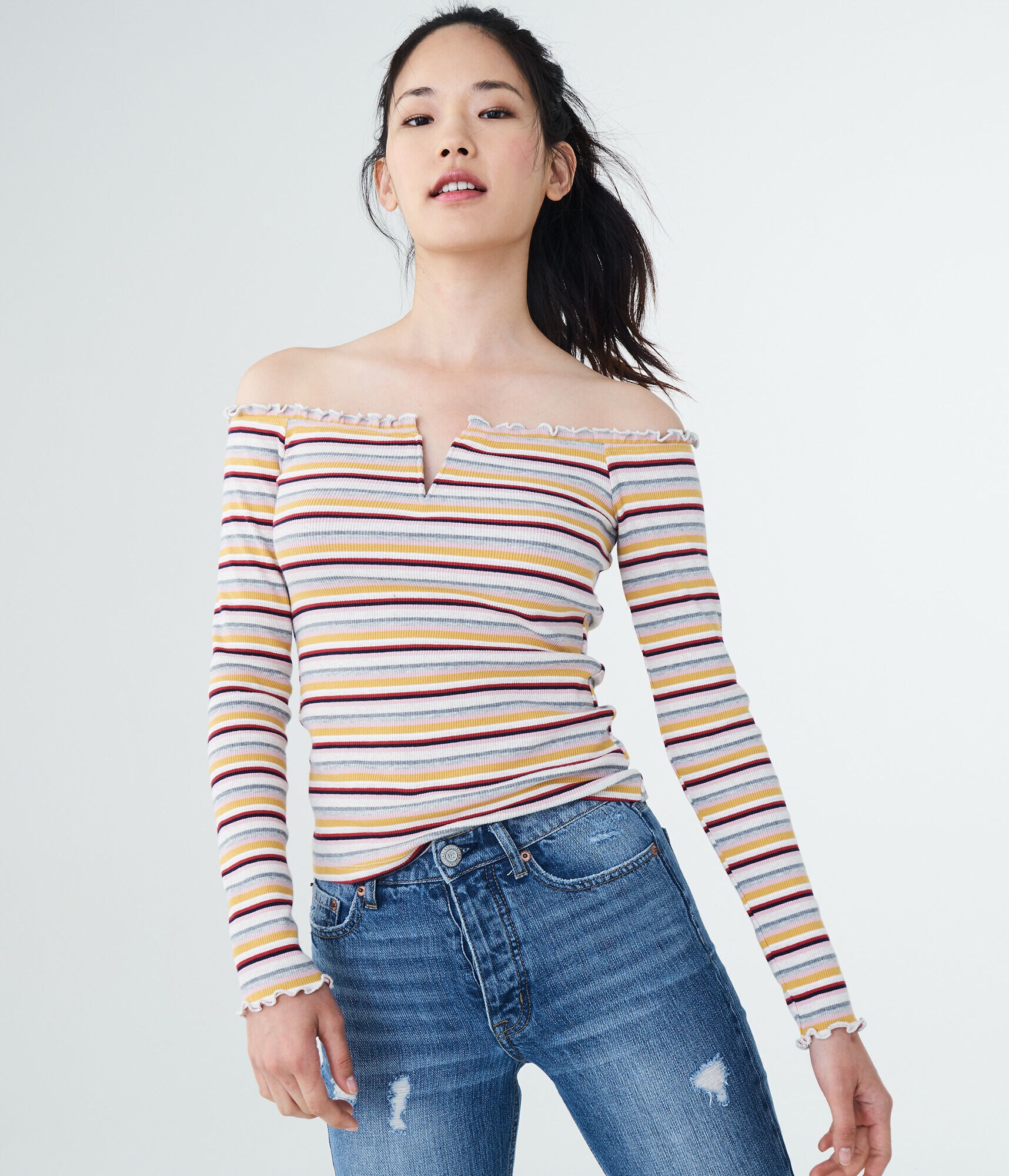 Long Sleeve Striped Lettuce-Trim V-Wire Off-The-Shoulder Top