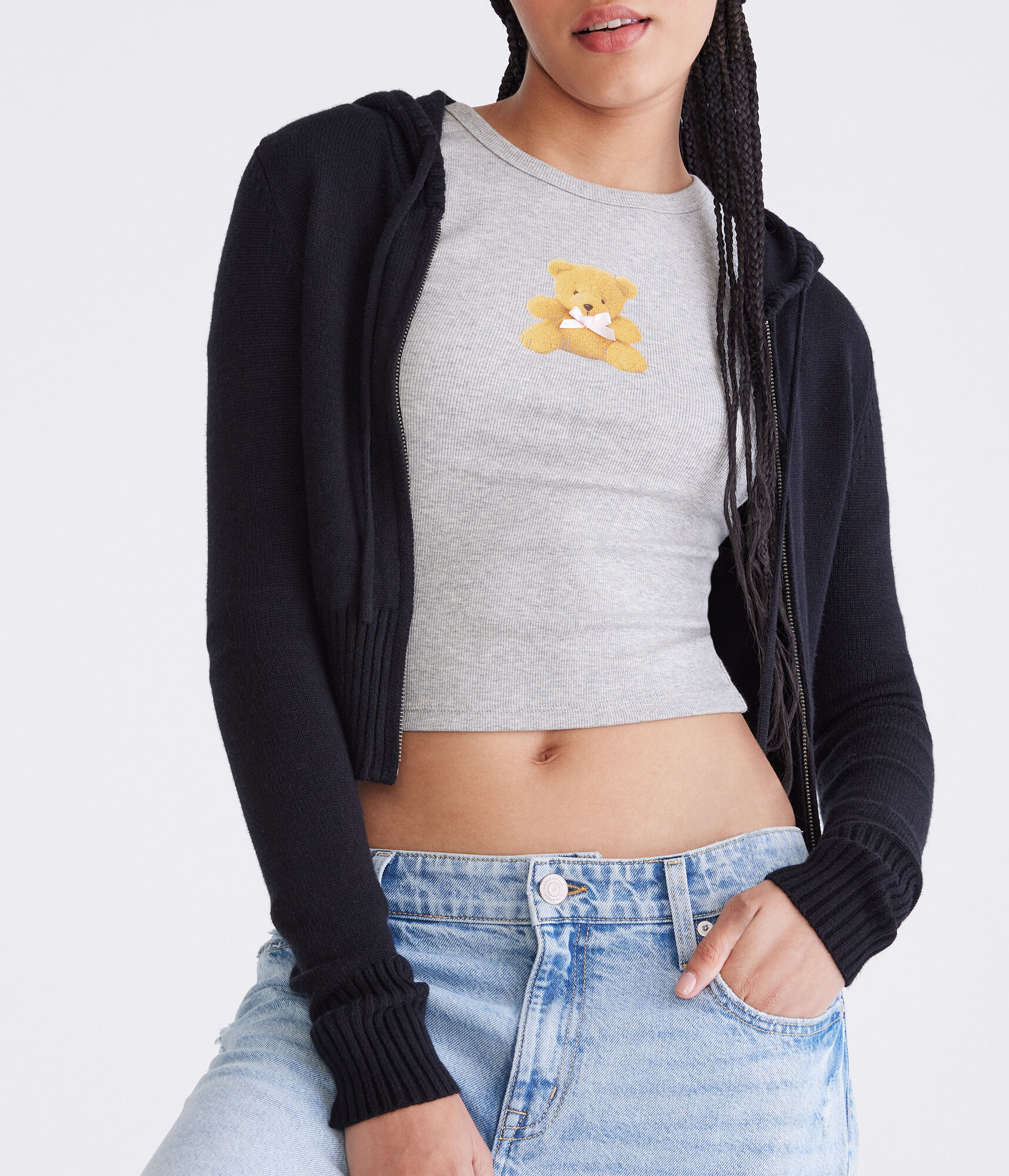 Solid Cropped Full-Zip Hooded Sweater