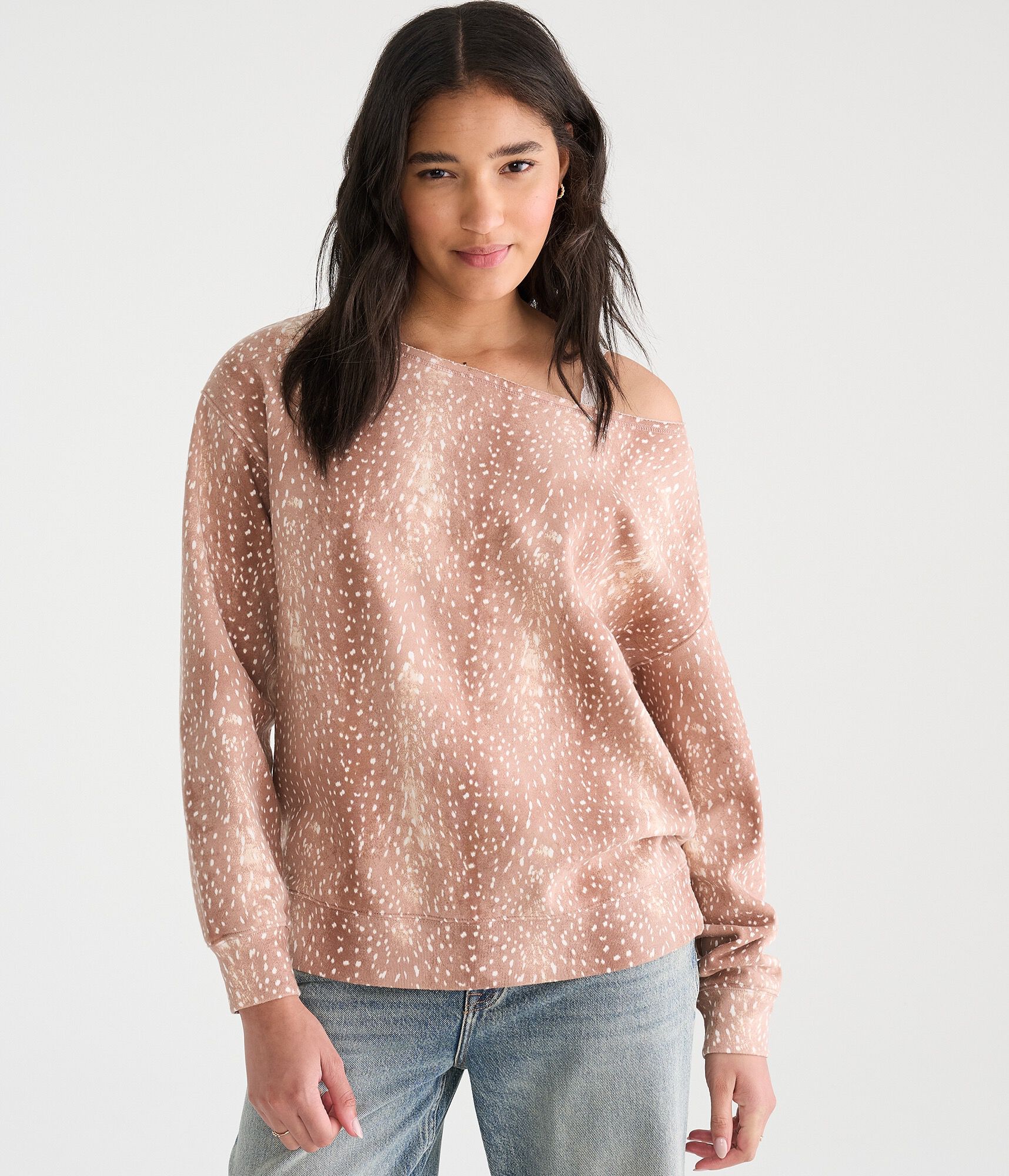 D&eacute;j&agrave; For Aero Deer Print Oversized Off-The-Shoulder Sweatshirt