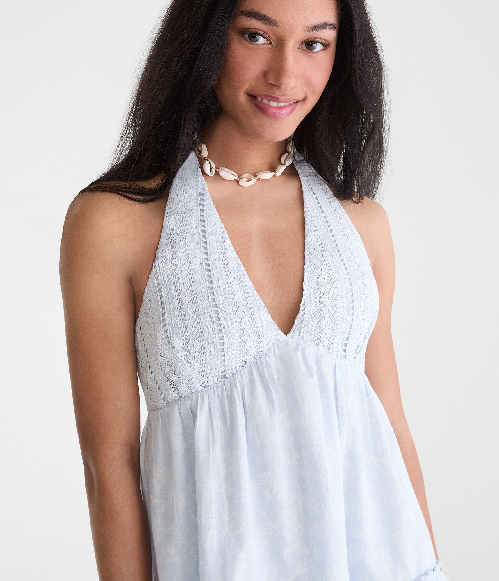 Floral V-Neck Crocheted Halter Mini Dress