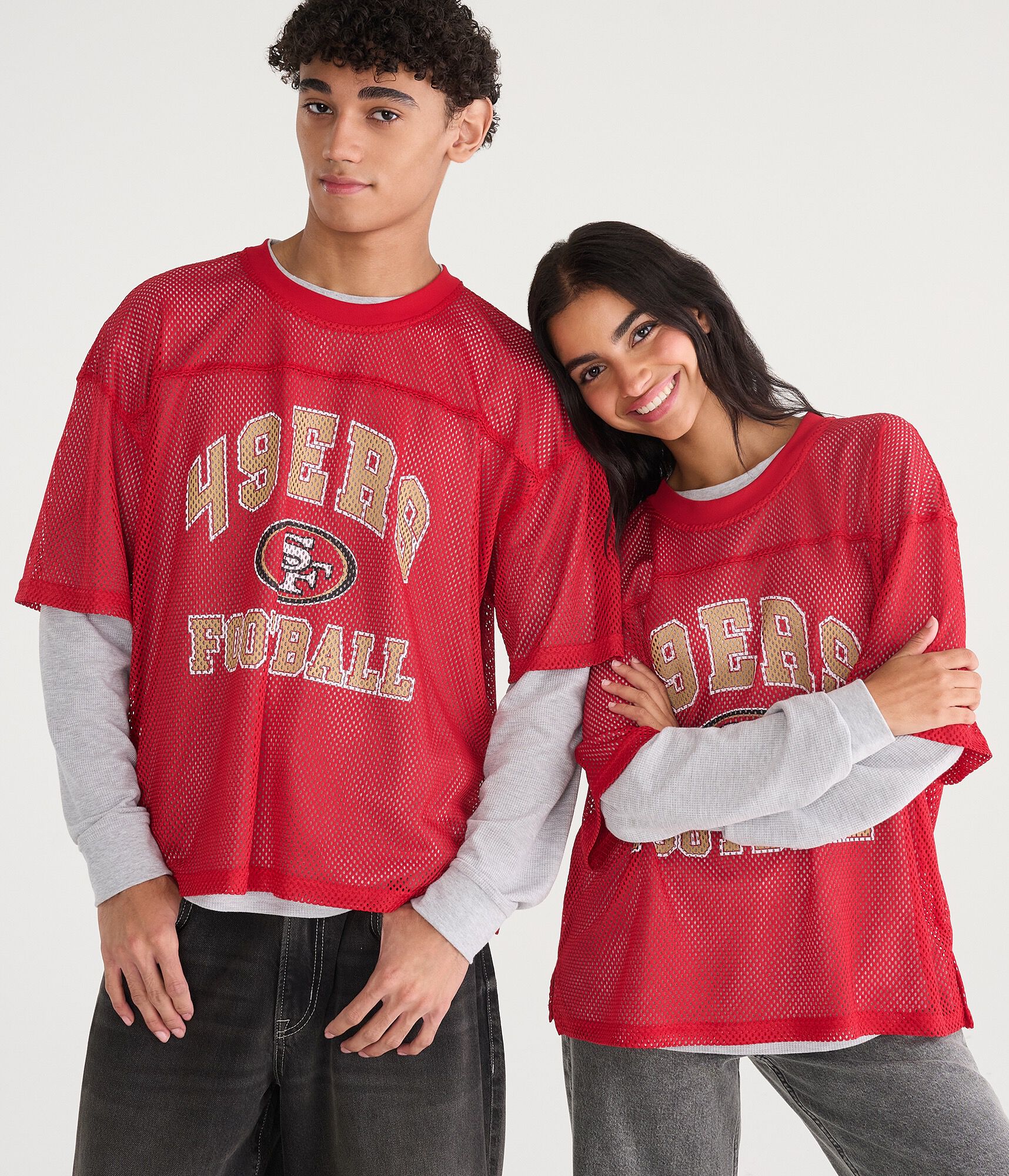 Long Sleeve San Francisco 49ers Football Boxy Mesh 2Fer Top