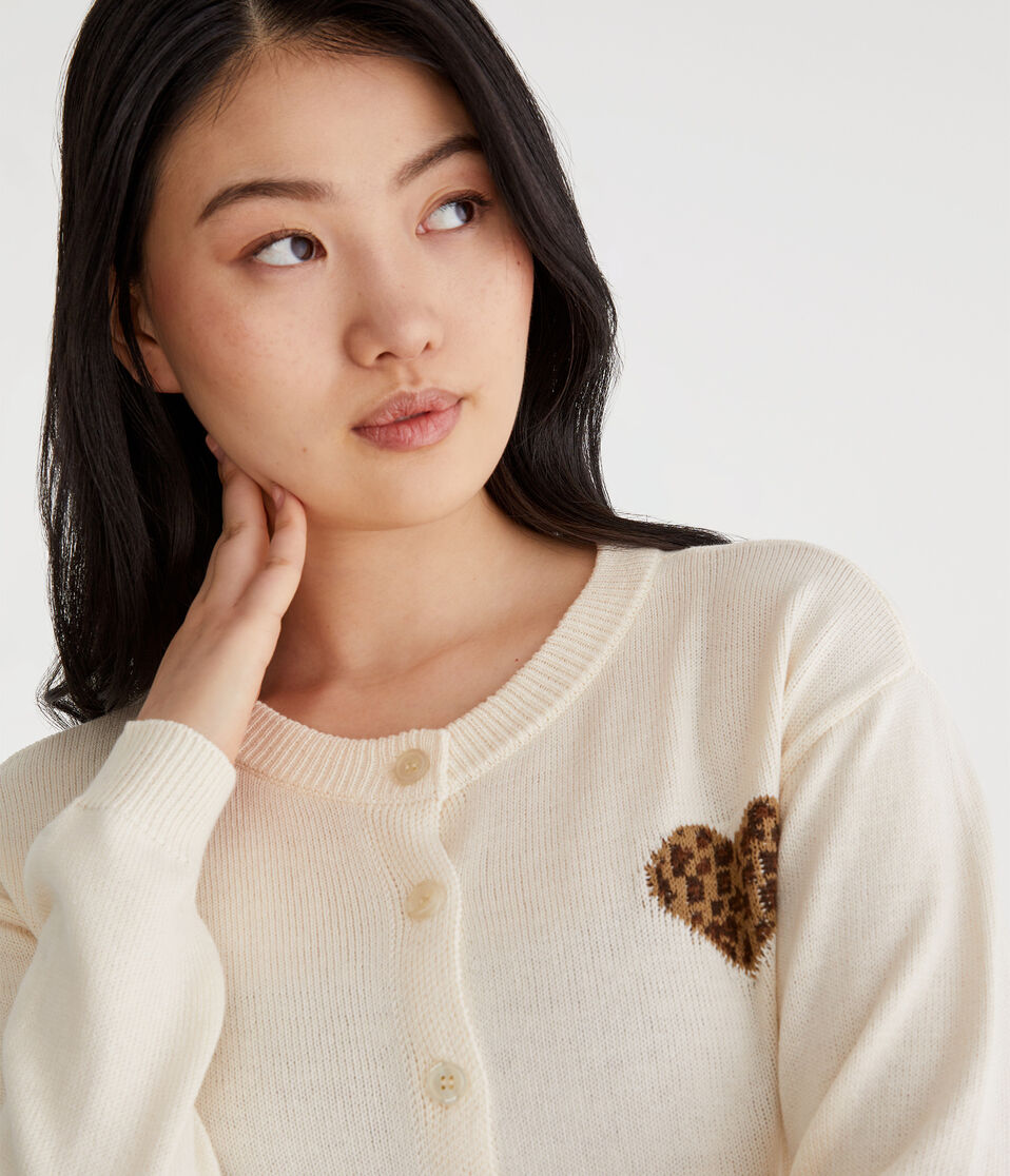 Leopard Print Heart Buttoned Crew Cardigan