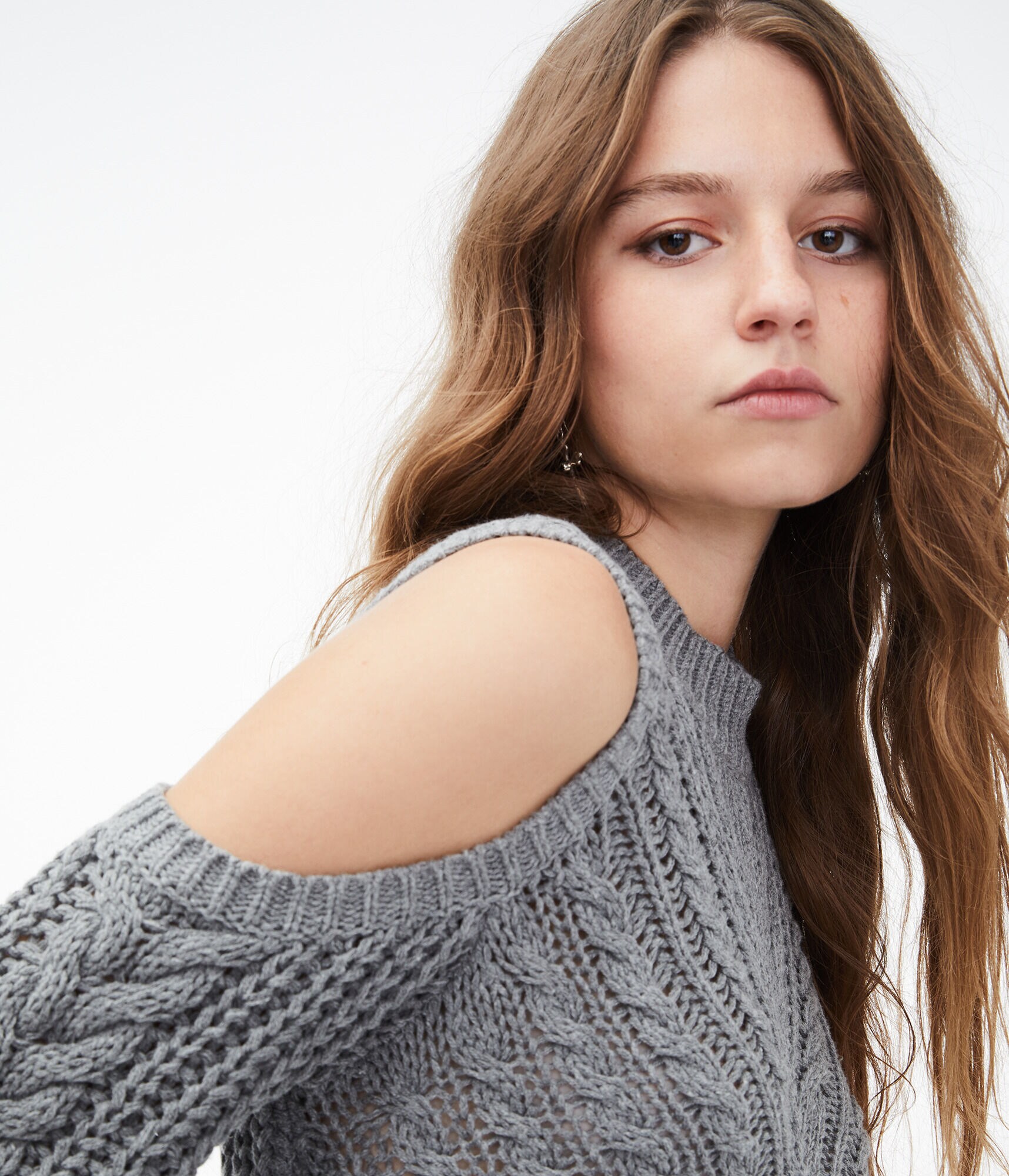 Cable-Knit Cold-Shoulder Sweater