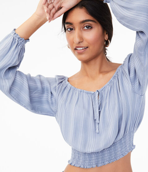 Long Sleeve Striped Off-The-Shoulder Crop Top Long Sleeve Striped Off-The-Shoulder Crop Top