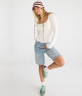 Pointelle Tie-Front Square-Neck Sweater