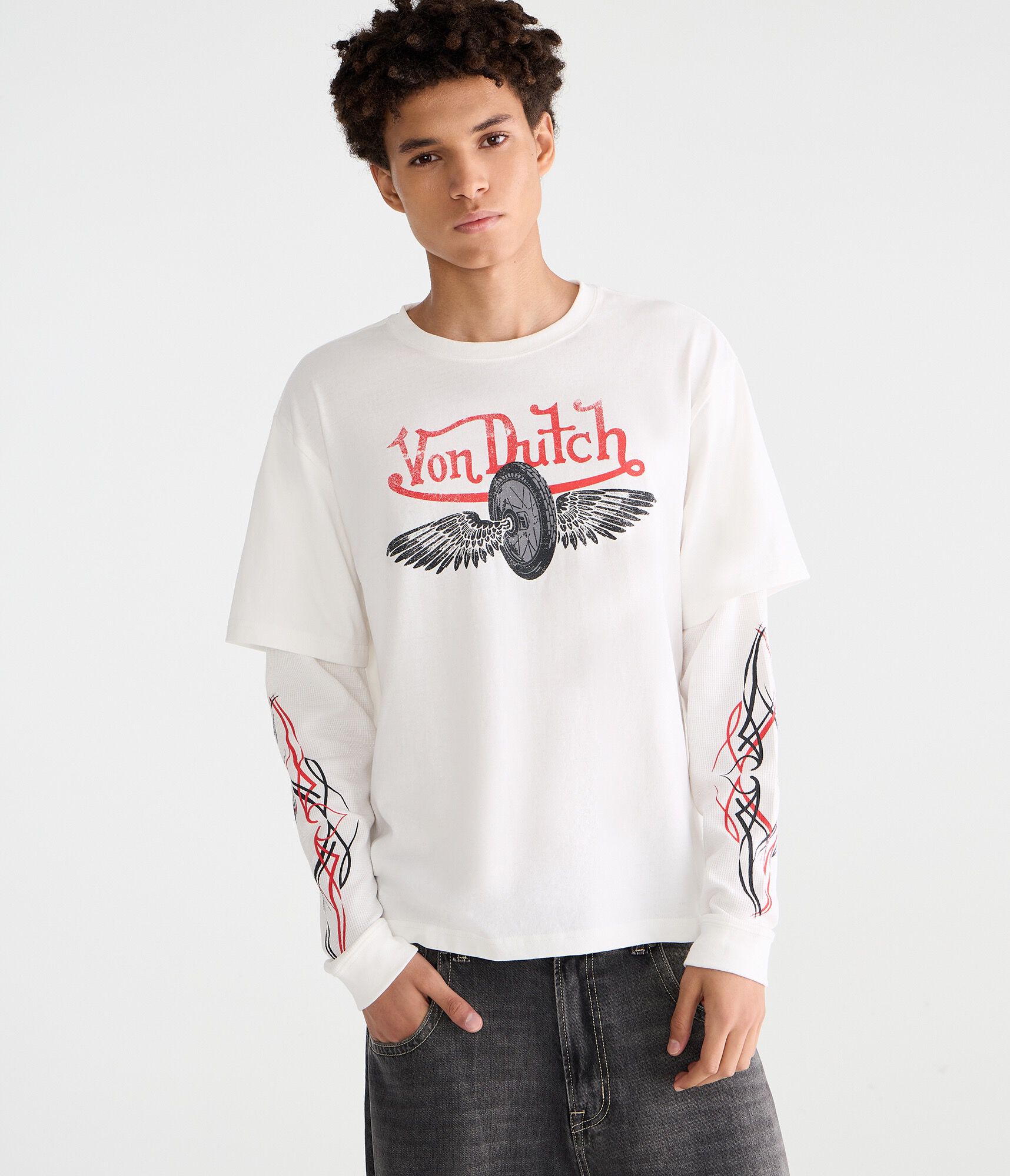 Von Dutch Long Sleeve Winged Wheel Boxy 2Fer Tee