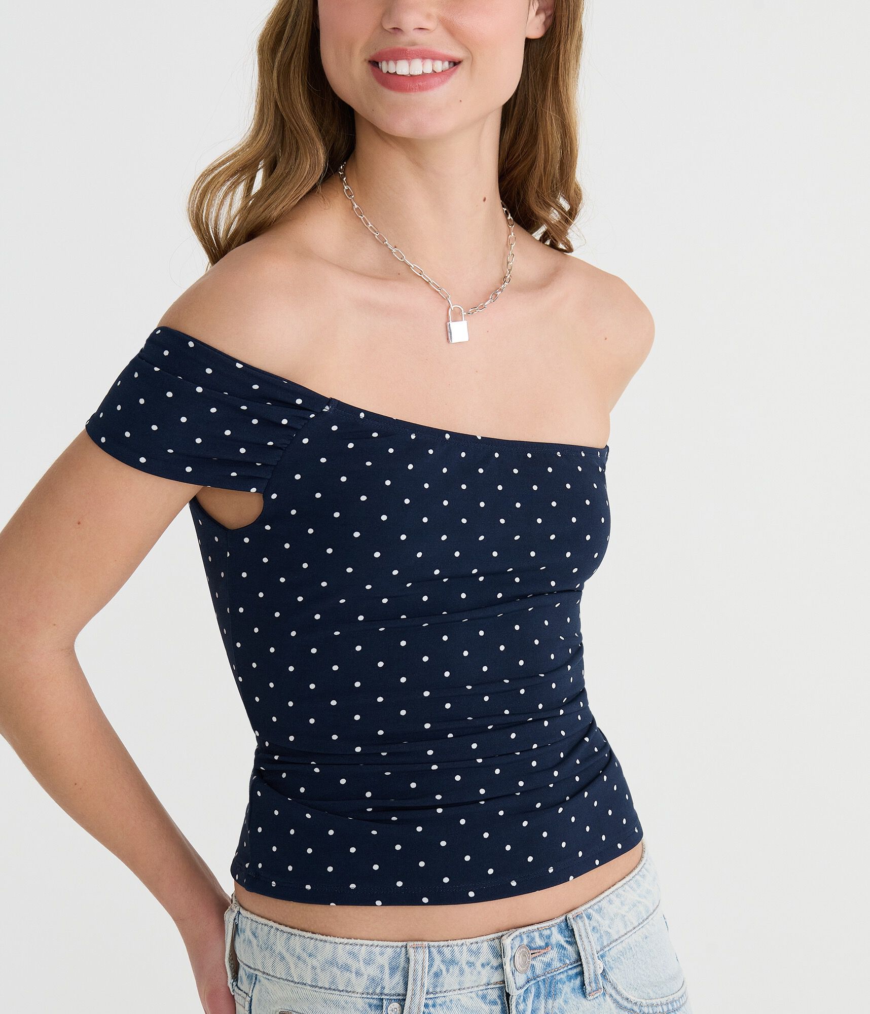 Polka Dot Asymmetrical Off-The-Shoulder Top
