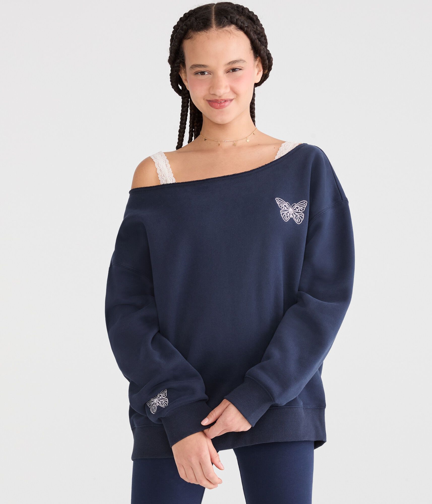 Cloud Soft Butterfly Off-The-Shoulder Sweatshirt