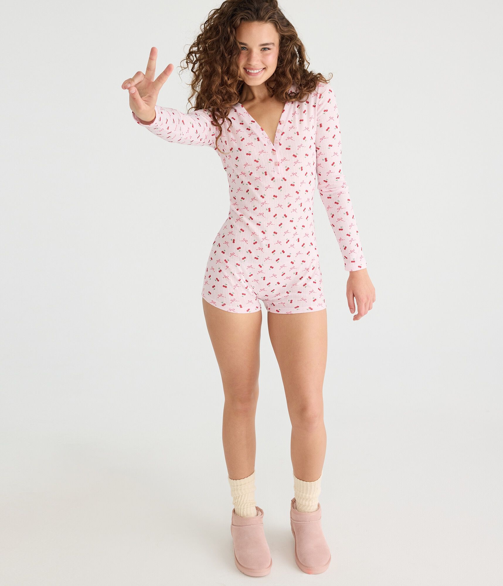 Long Sleeve Printed Pointelle Sleep Romper