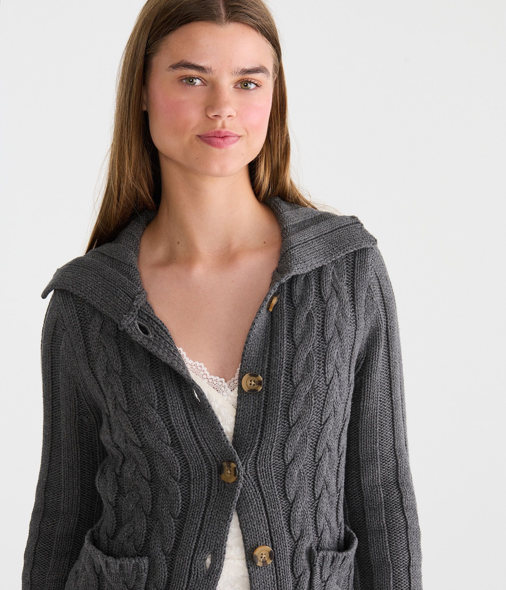 Cable Collar Button-Front Cardigan