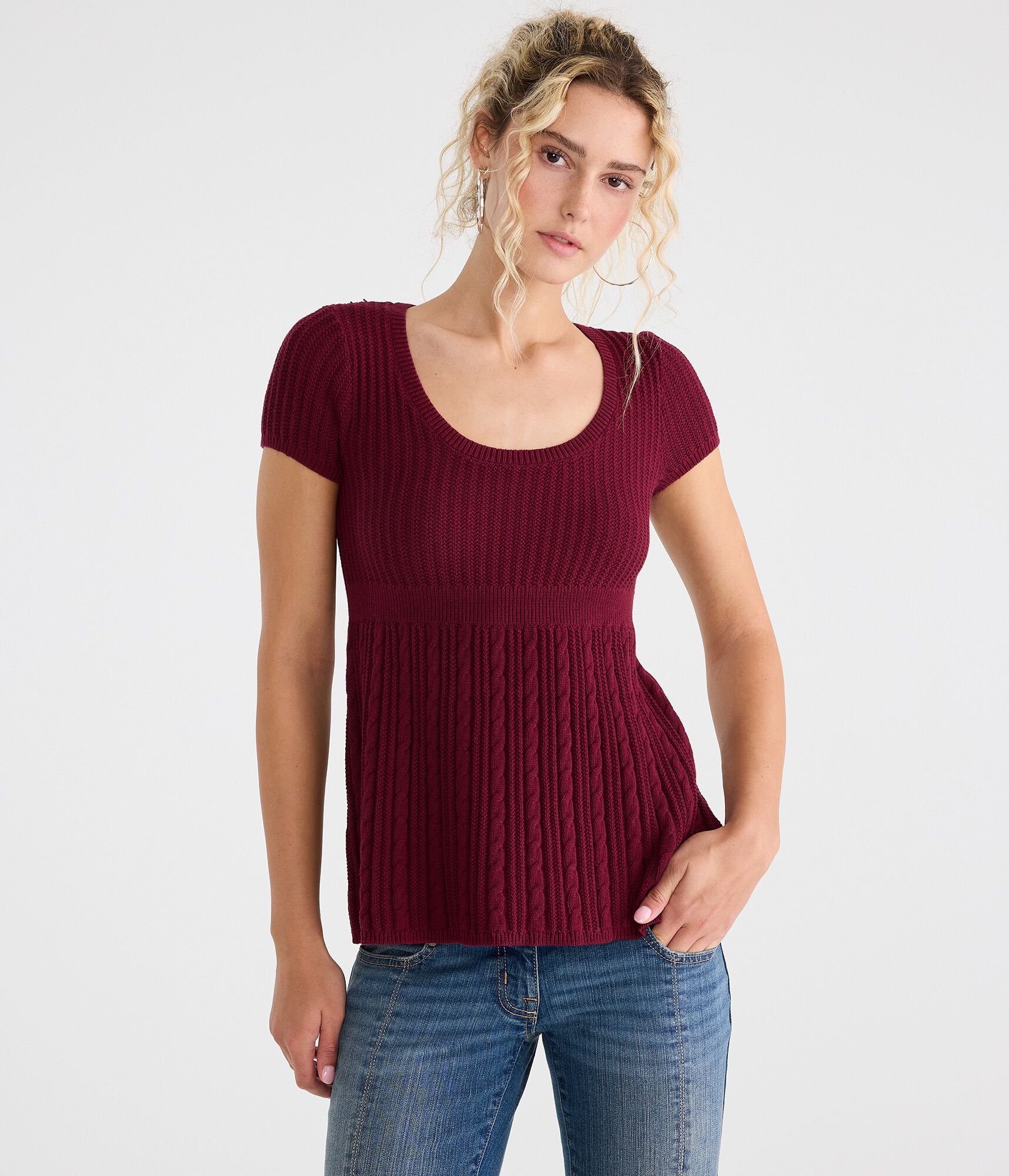 Short Sleeve Scoop-Neck Babydoll Sweater