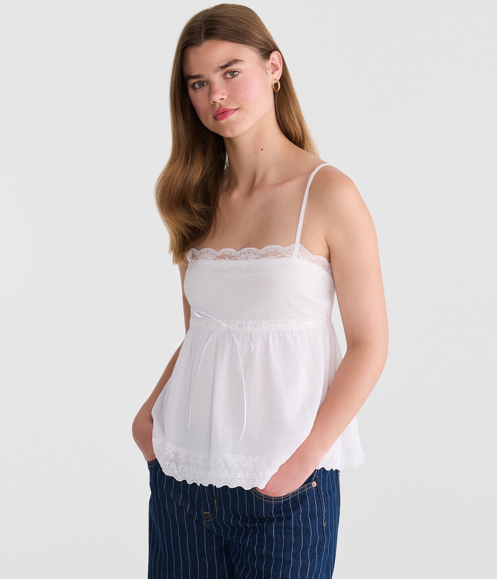 Embroidered Lace-Trim Square-Neck Cami