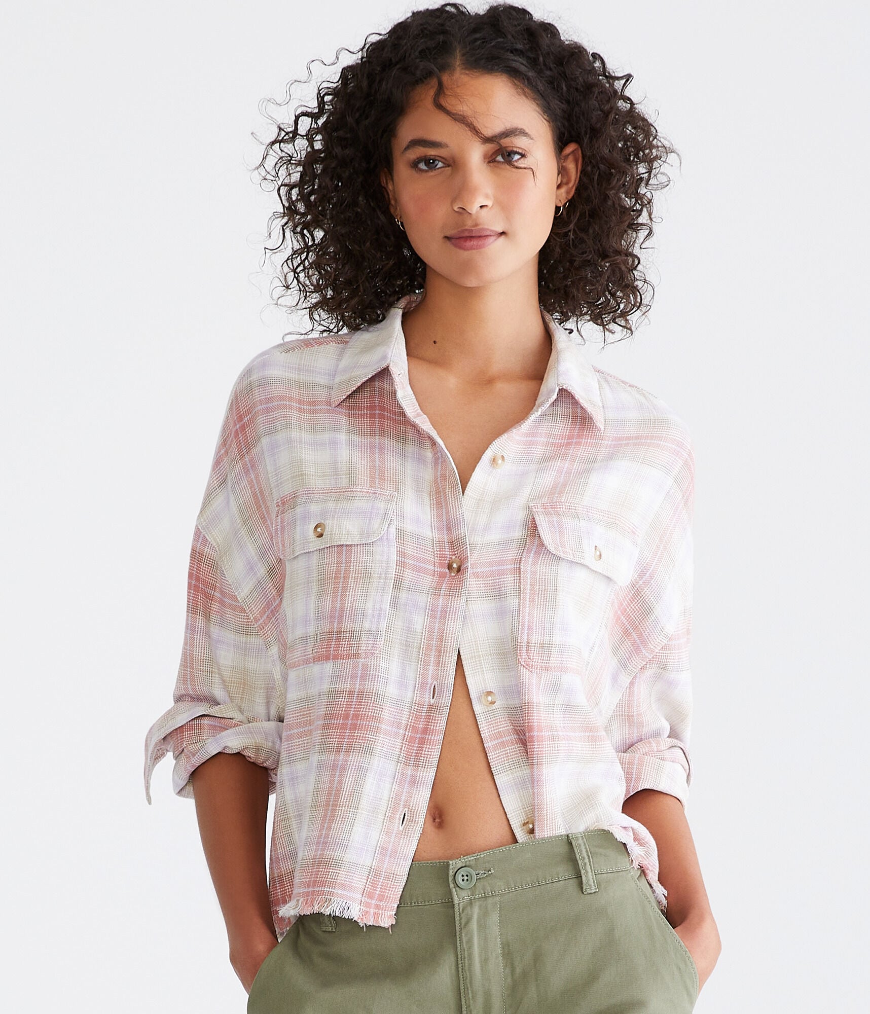 Long Sleeve Distressed Plaid Flannel Shirt