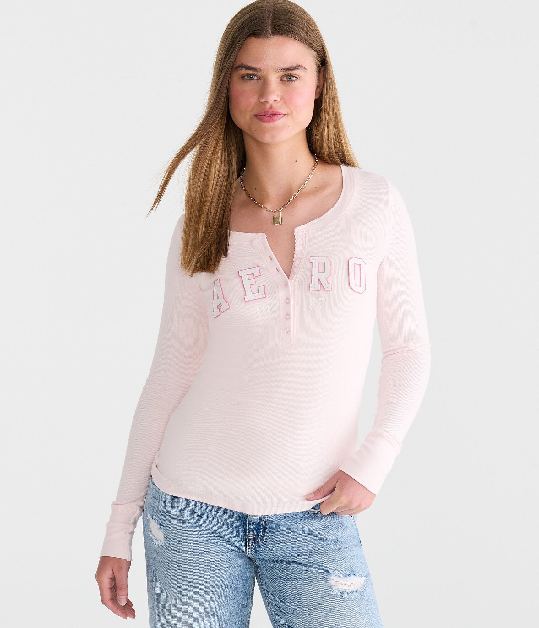 Long Sleeve Rhinestone Logo Henley