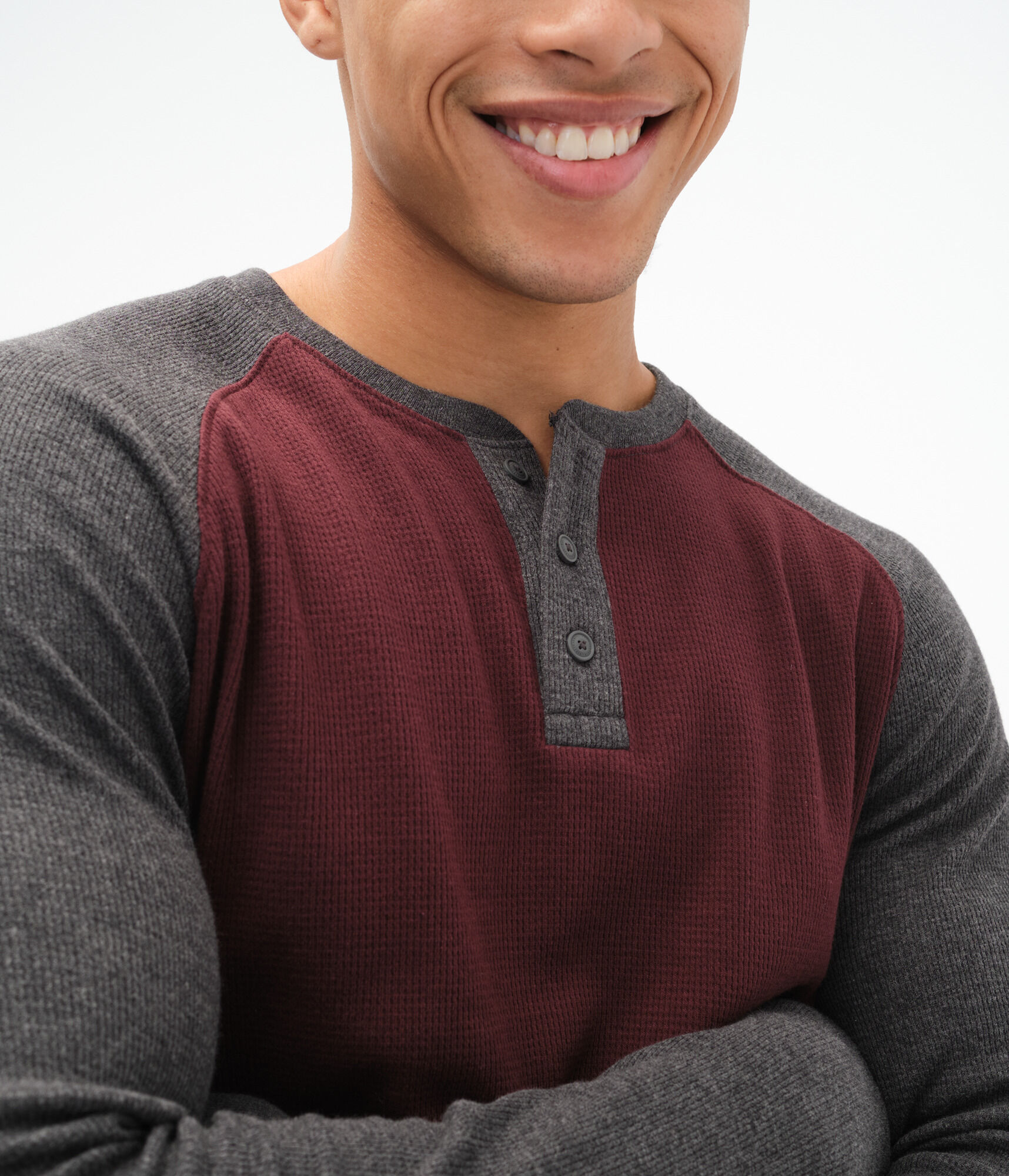 Long Sleeve Waffle-Knit Raglan Henley