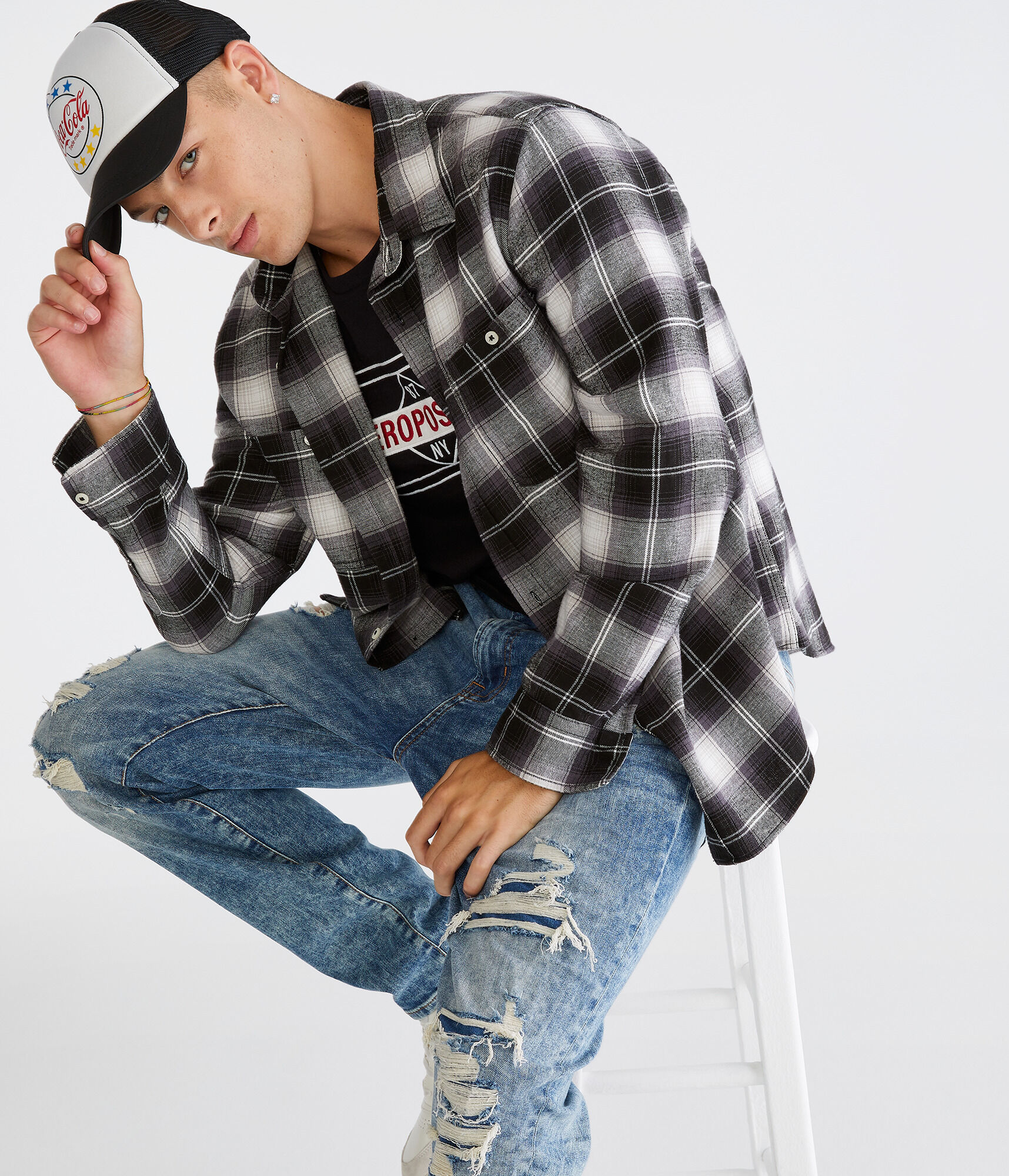 Long Sleeve Relaxed Washed Plaid Flannel Shirt