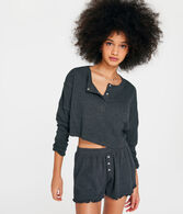 Long Sleeve Waffle-Knit Cropped Henley Tee