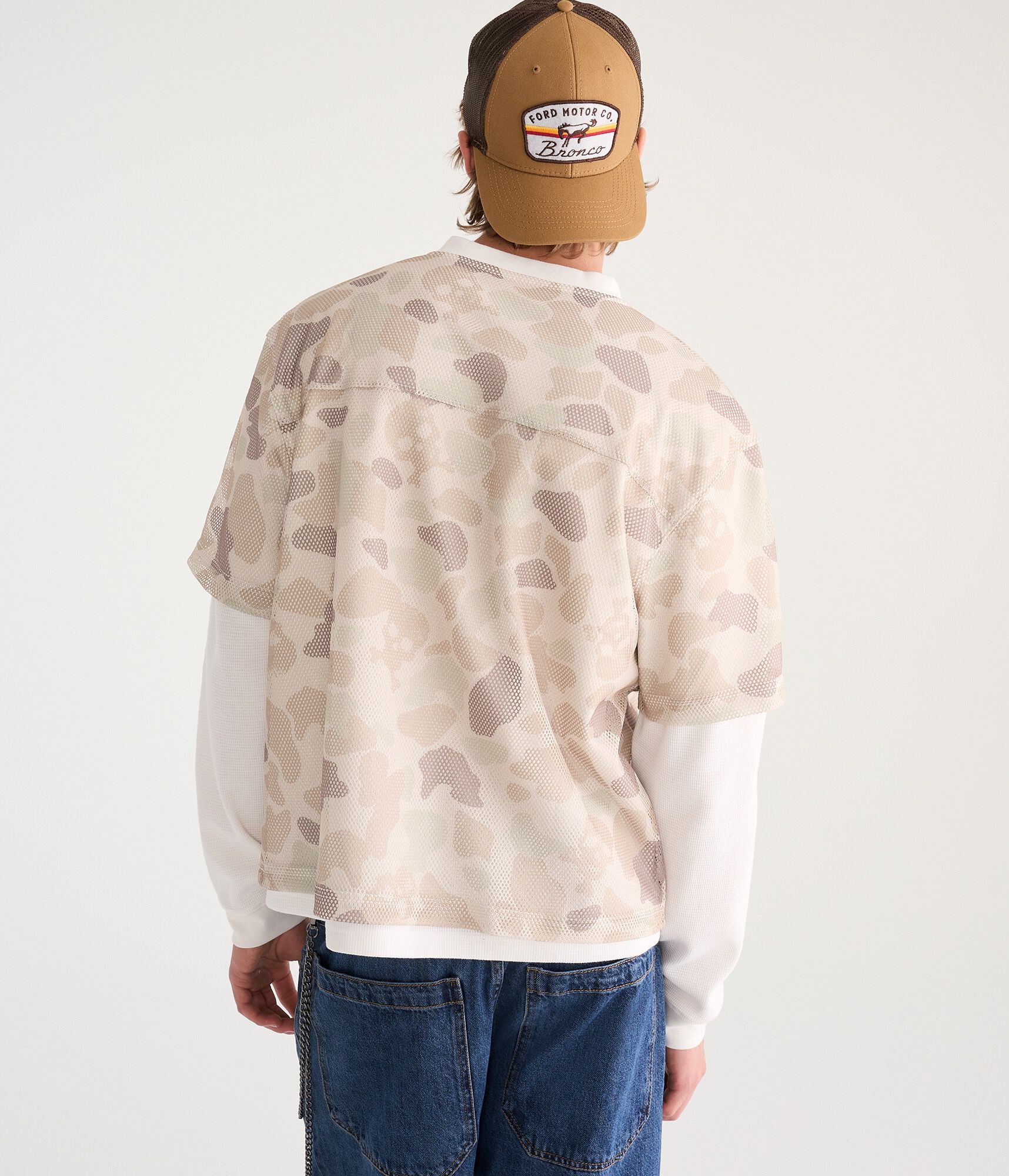 Long Sleeve Skull Camo Boxy Mesh Jersey 2-Fer Tee