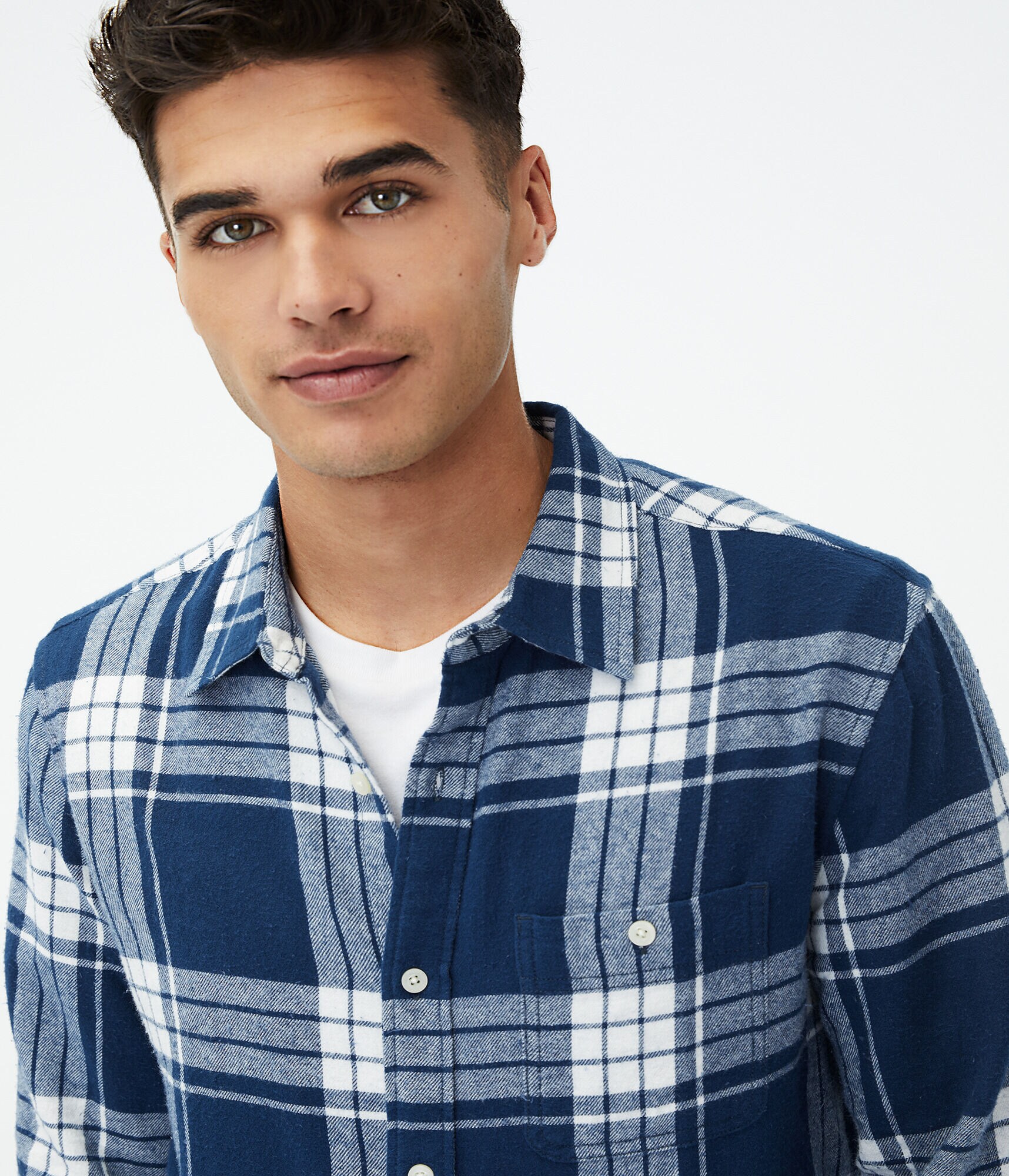 Long Sleeve Windowpane Plaid Flannel Button-Down Shirt