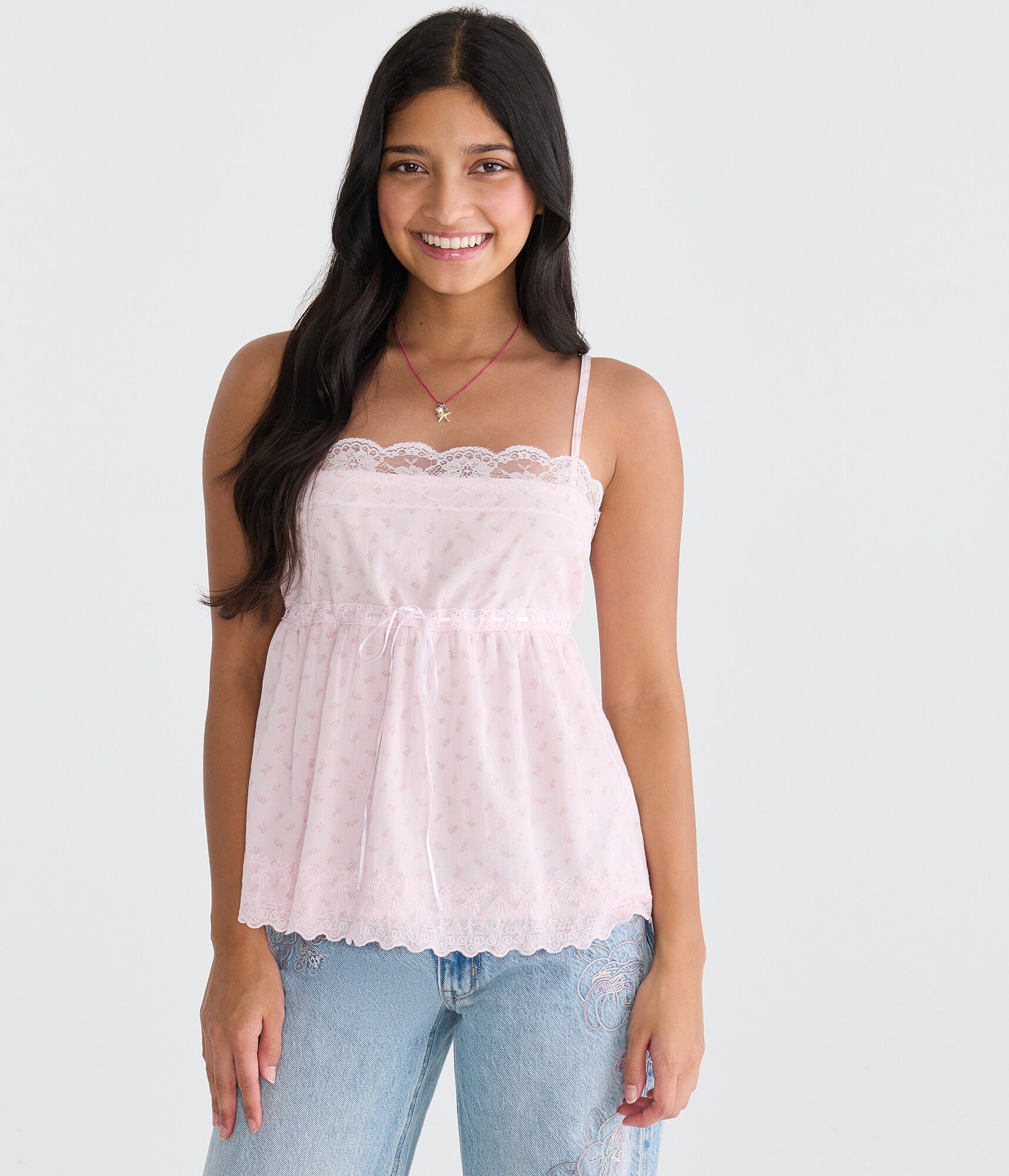 Floral Bow Lace-Trim Square-Neck Cami