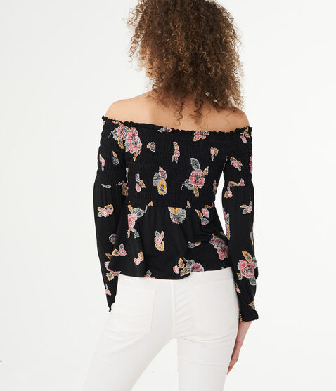 Long Sleeve Floral Smocked Off-The-Shoulder Top