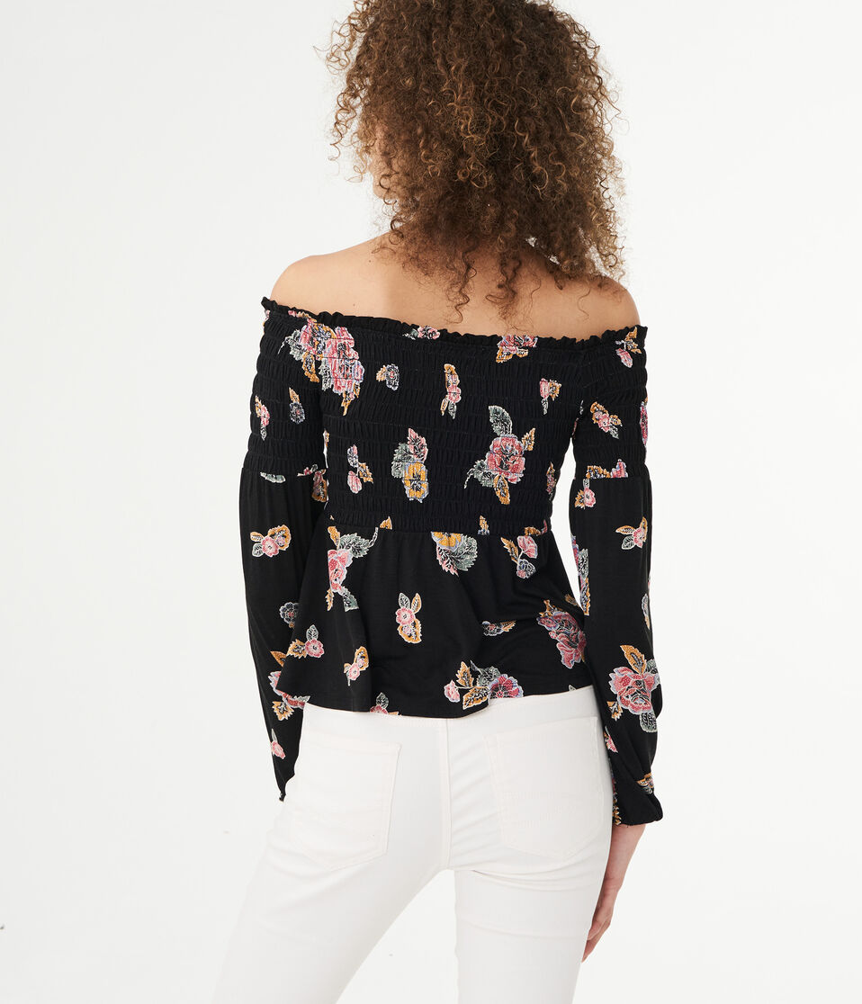 Long Sleeve Floral Smocked Off-The-Shoulder Top
