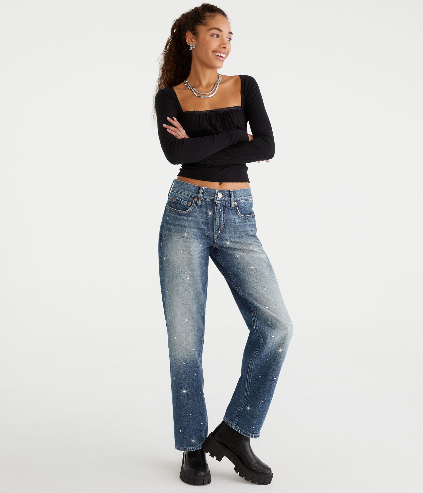 Low-Rise Embellished Baggy Jean