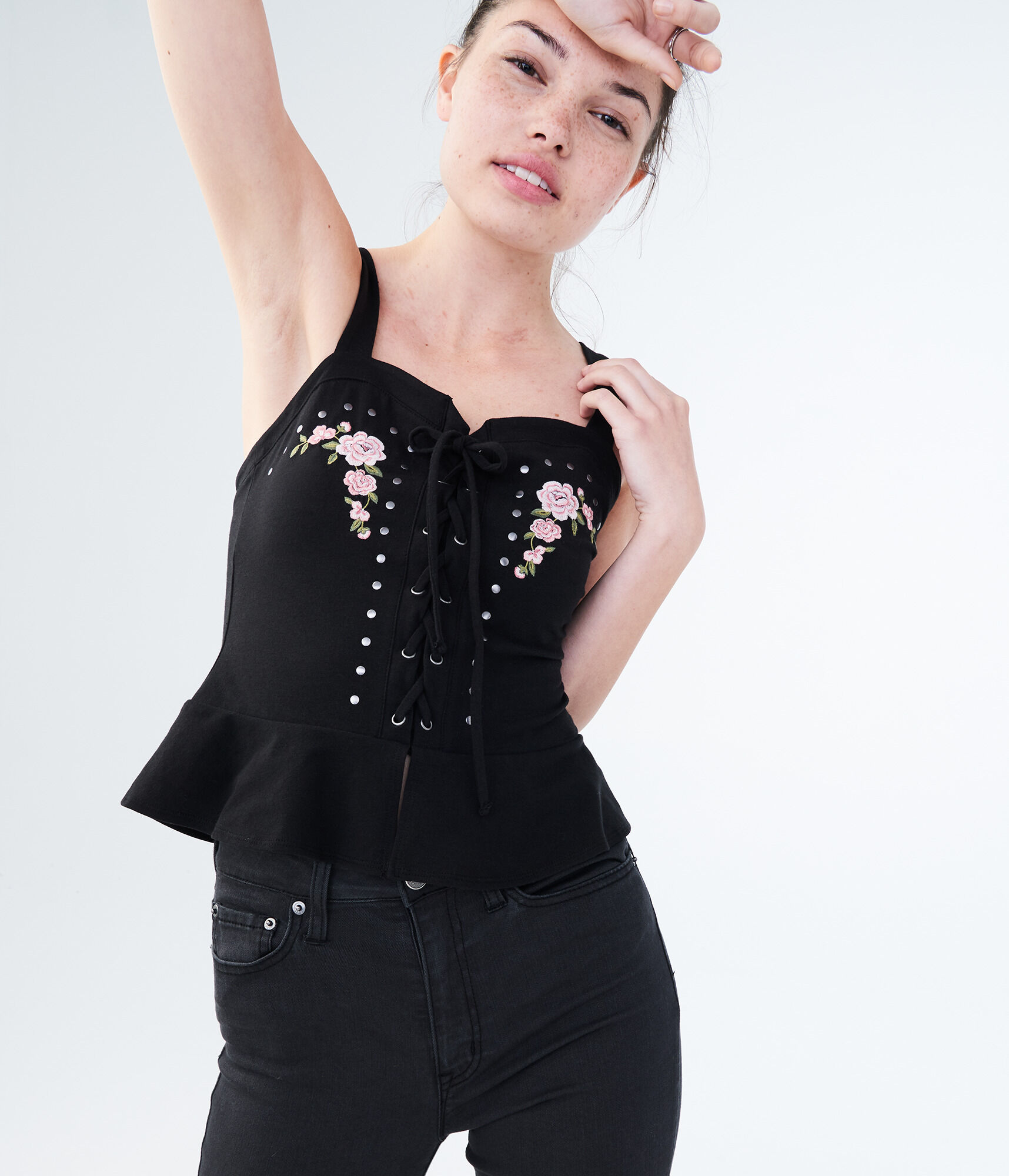 Embroidered Lace-Up Peplum Tank
