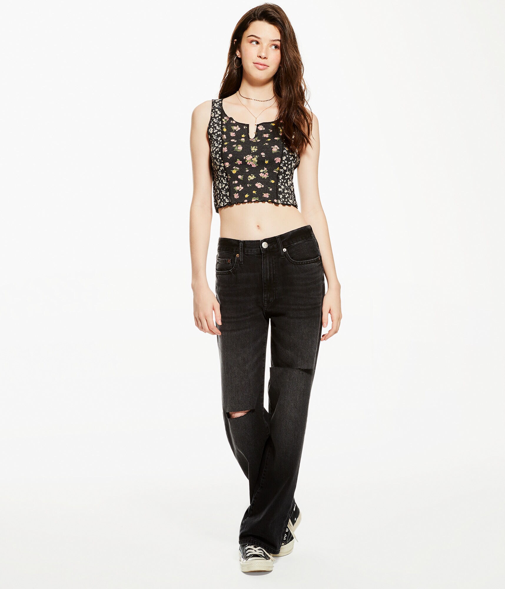 Floral Splice Notch-Neck Cropped Tank