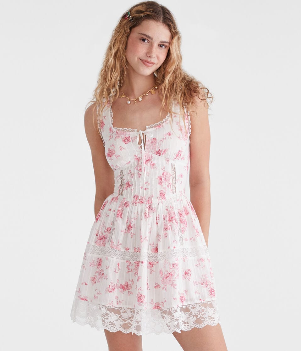 Floral Scoop-Neck Corset Lace Mini Dress Floral Scoop-Neck Corset Lace Mini Dress
