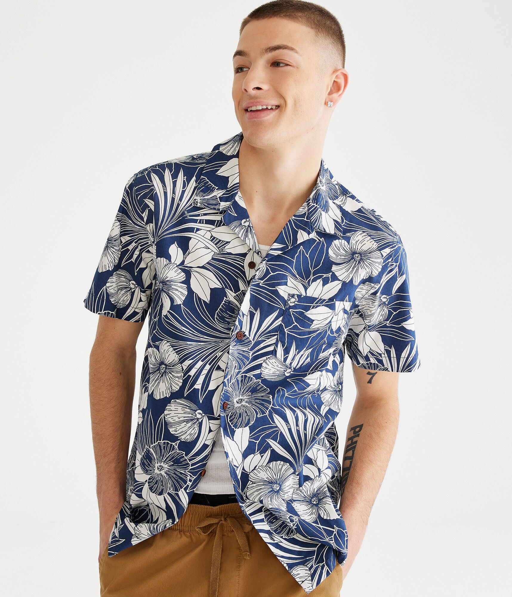 Tropical Floral Button-Down Camp Shirt