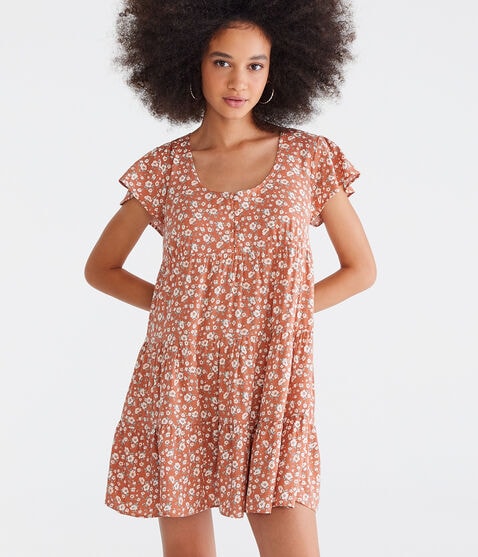Floral Scoop-Neck Buttoned Babydoll Dress