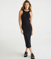 Solid High-Neck Ribbed Midi Dress
