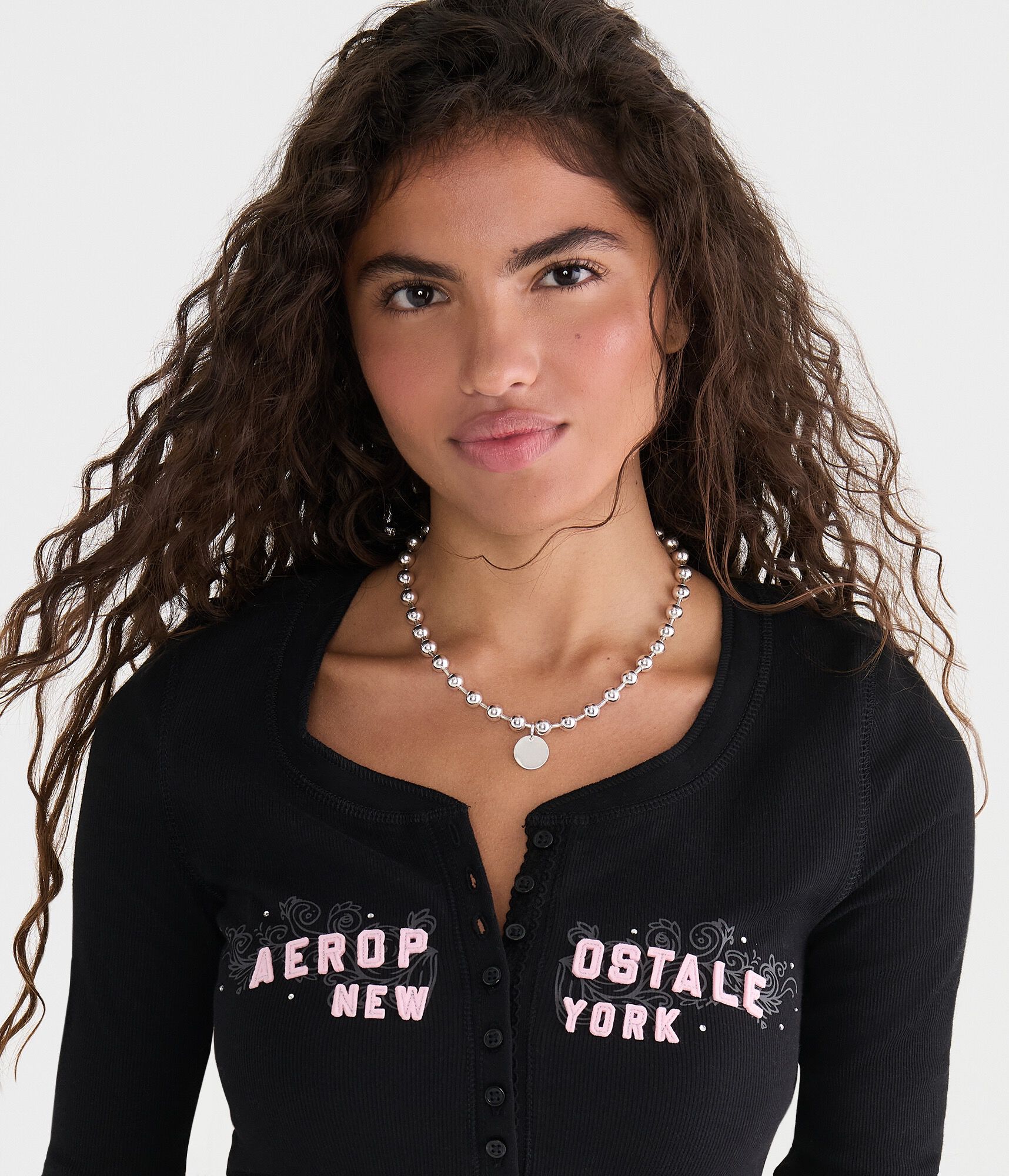 Long Sleeve Aeropostale Rhinestone Graphic Henley