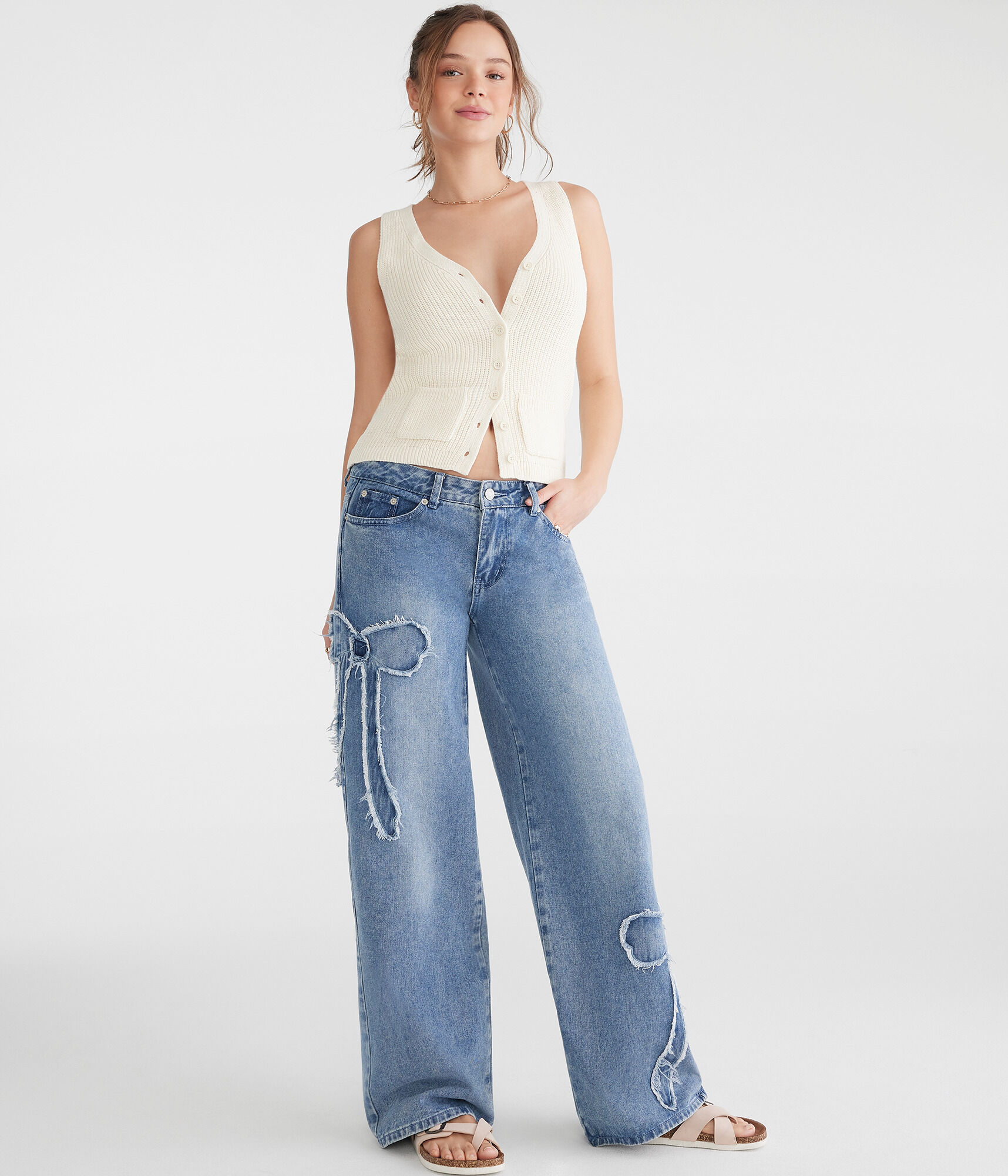 Low-Rise Baggy Wide Leg Frayed Bows Jean
