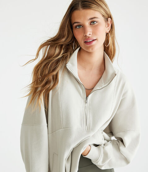 Ribbed Mock-Neck Pullover Sweatshirt