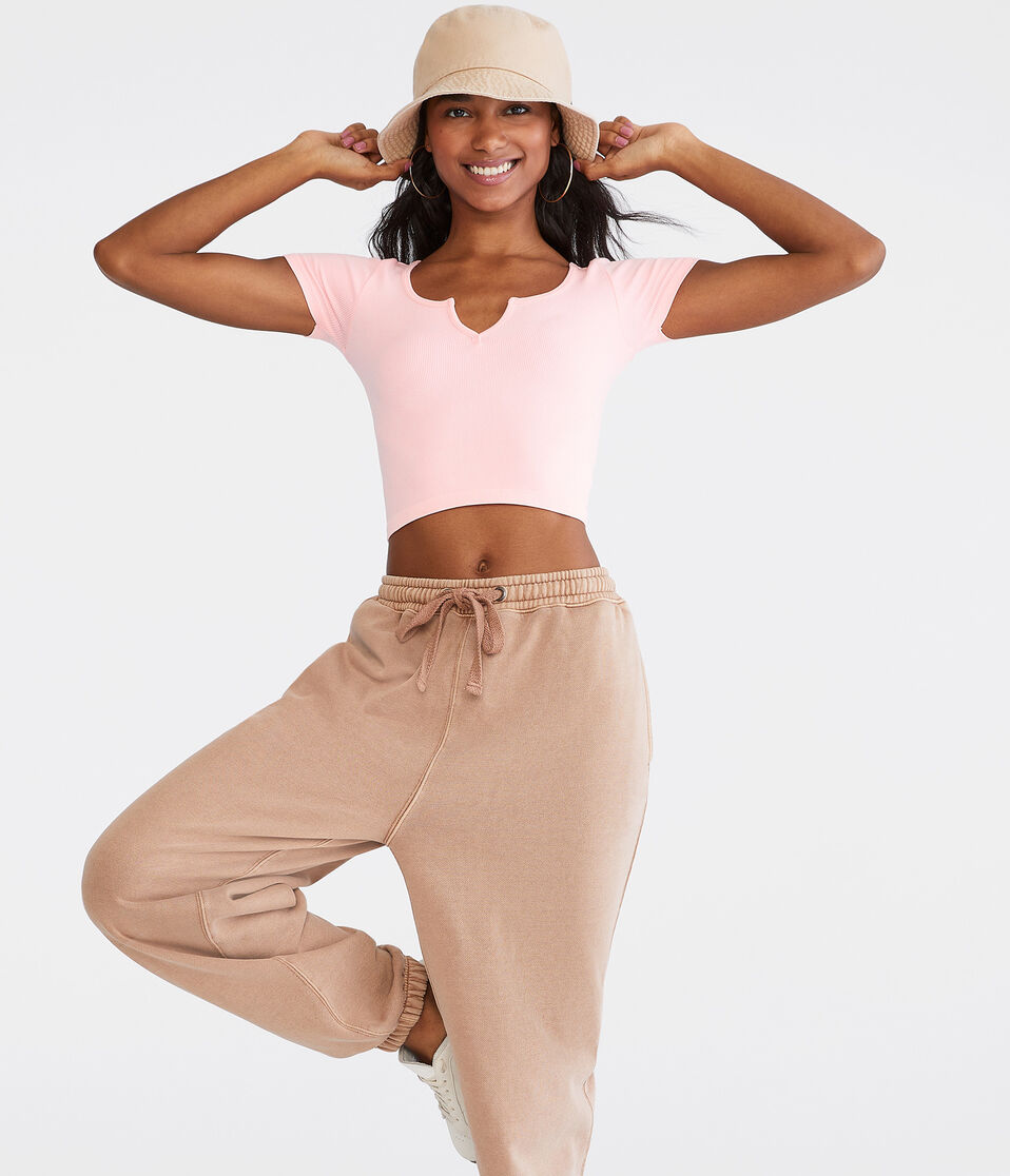 Seriously Soft Acid Wash Cropped Notch-Neck Tee
