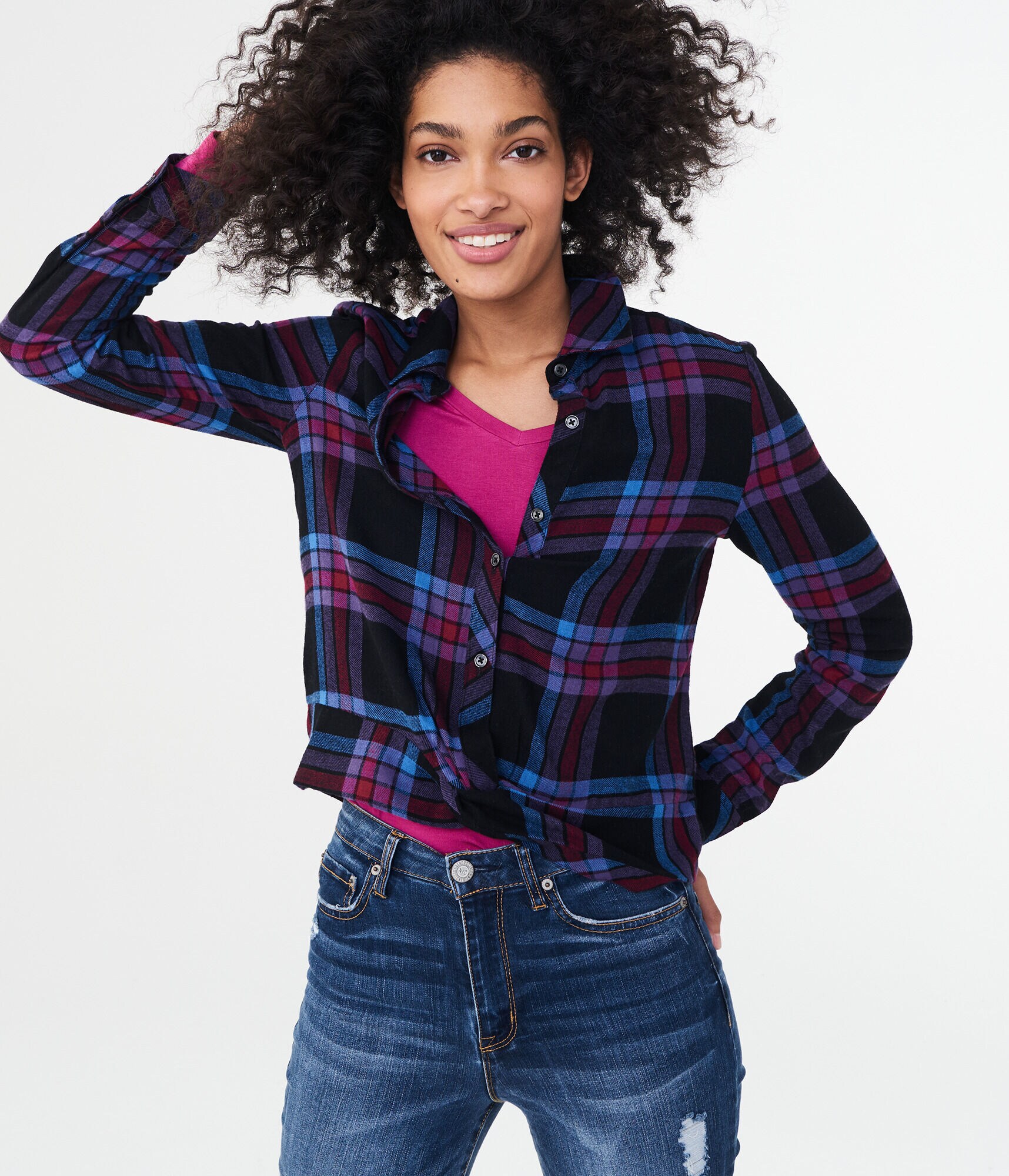 Long Sleeve Plaid Knot-Front Woven Shirt