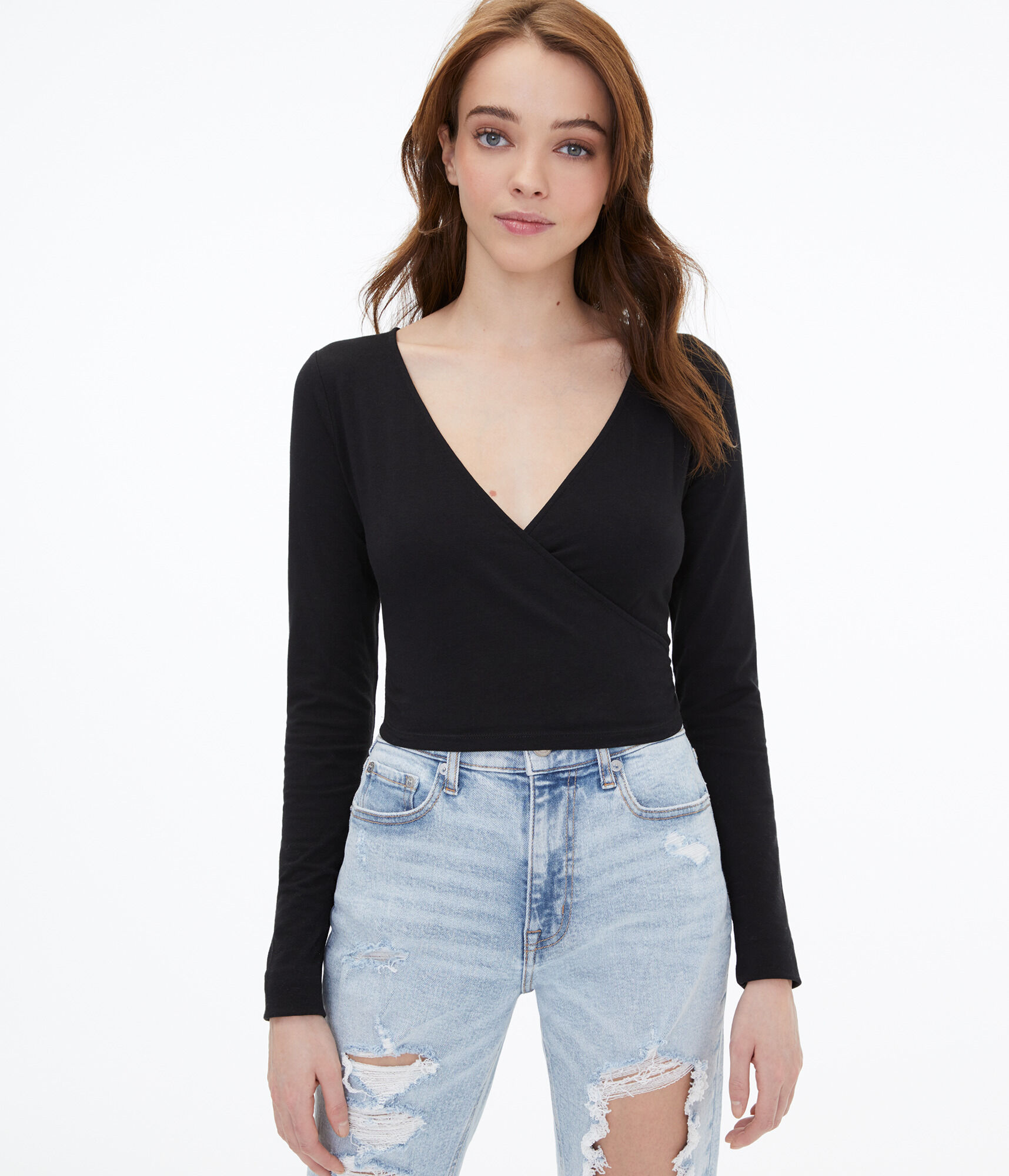 Long Sleeve Surplice Crop Top