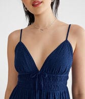 Solid V-Neck Eyelet Babydoll Dress