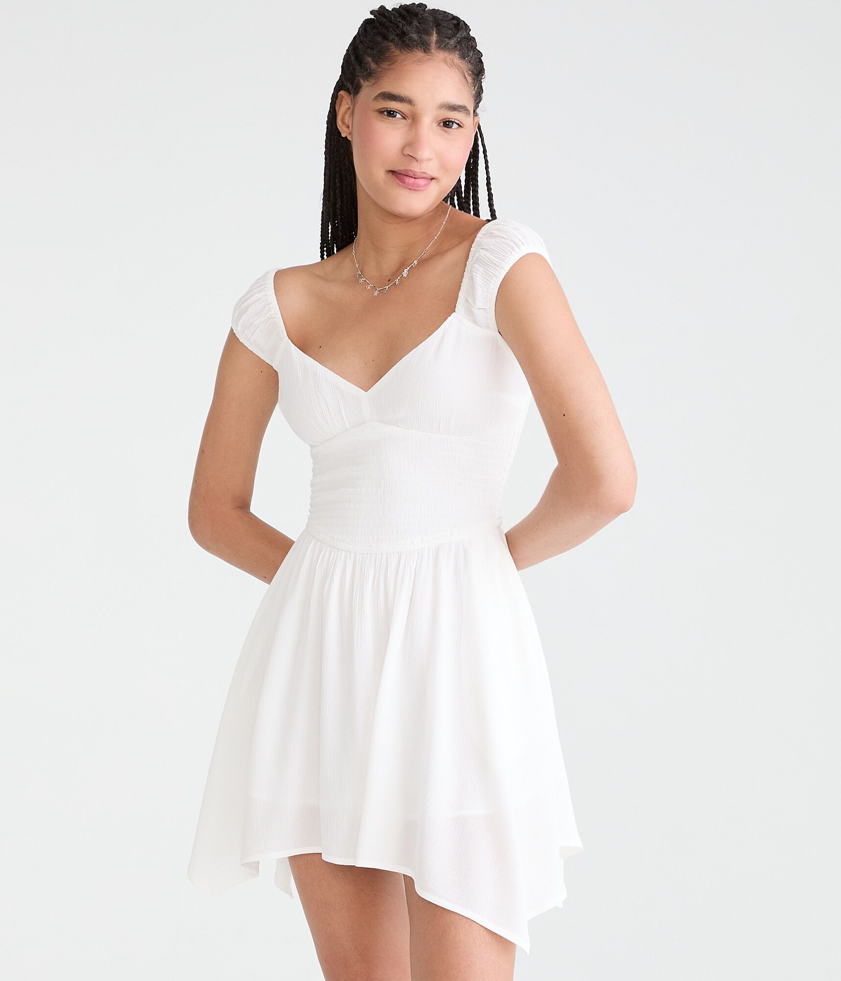 Solid V-Neck Handkerchief Hem Mini Dress