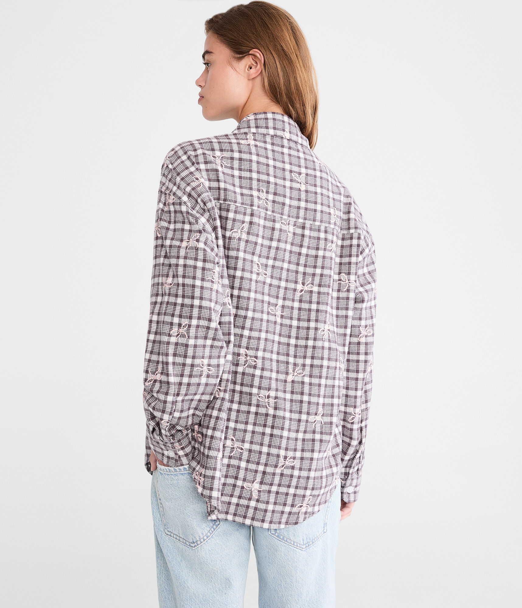Long Sleeve Embroidered Bow Plaid Flannel Shirt