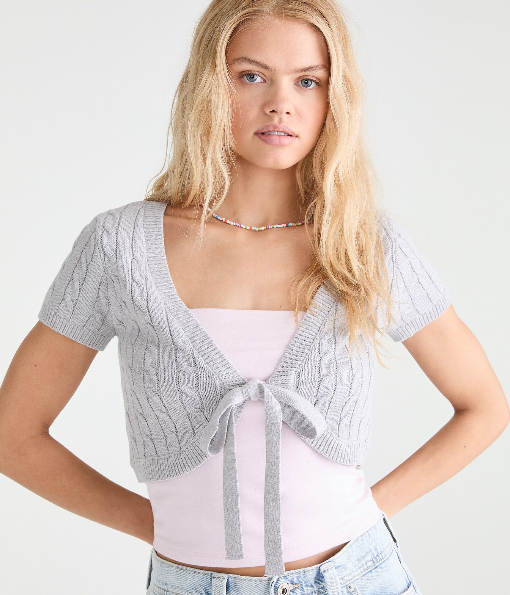 Short Sleeve Tie-Front Sweater Shrug