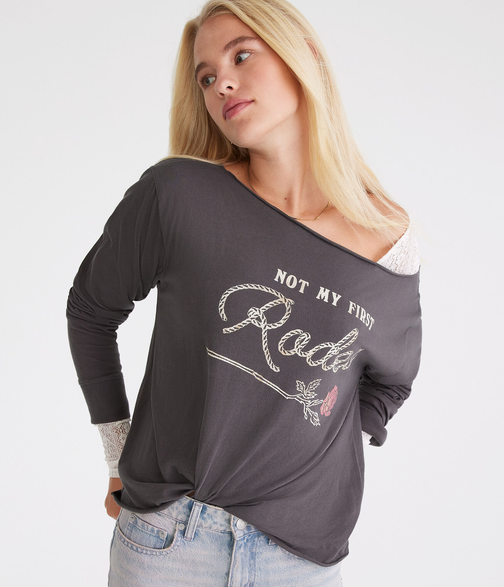 Long Sleeve Rodeo Rose Off-The-Shoulder Graphic Tee