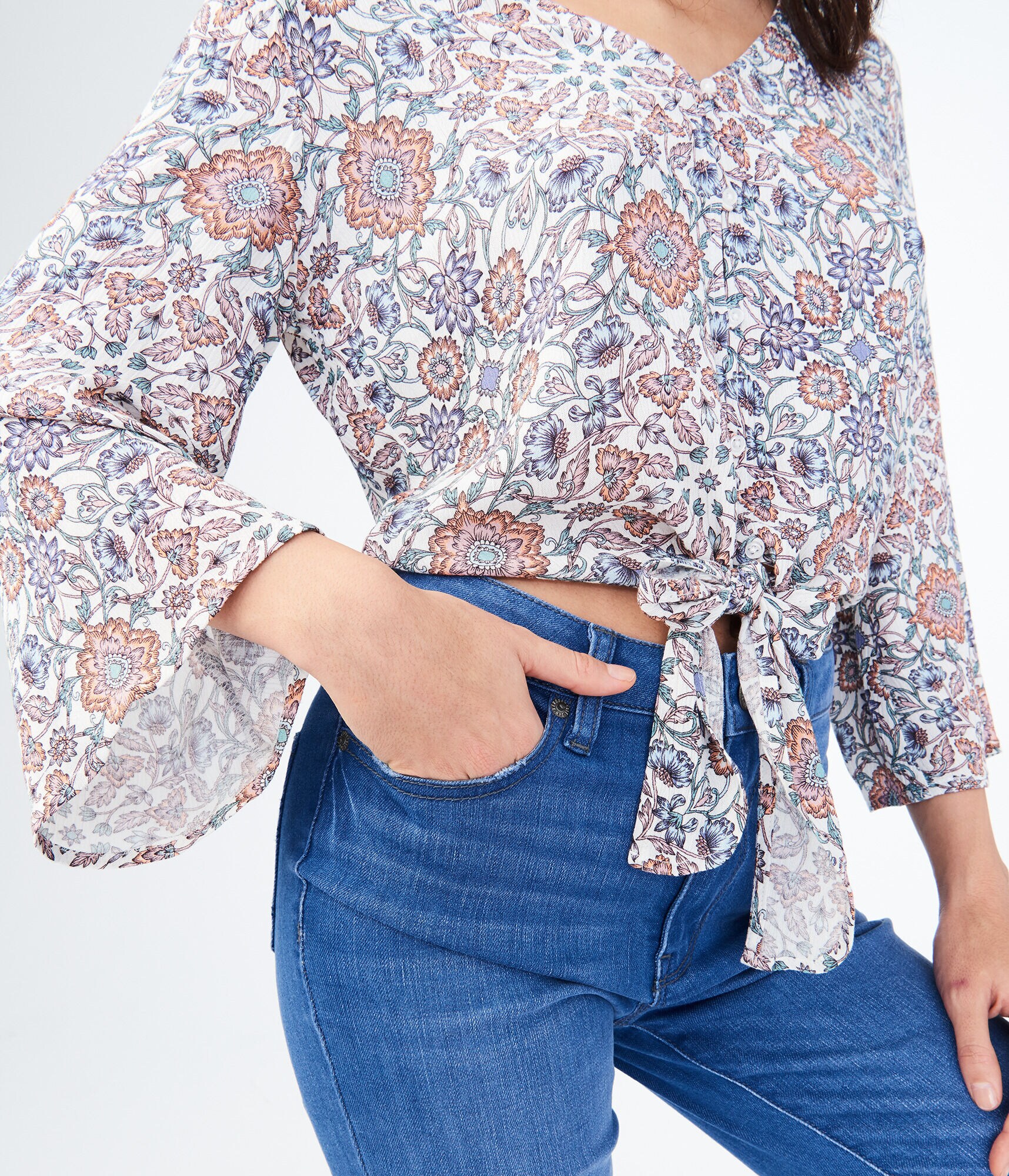 Long Bell Sleeve Floral Button-Up Top