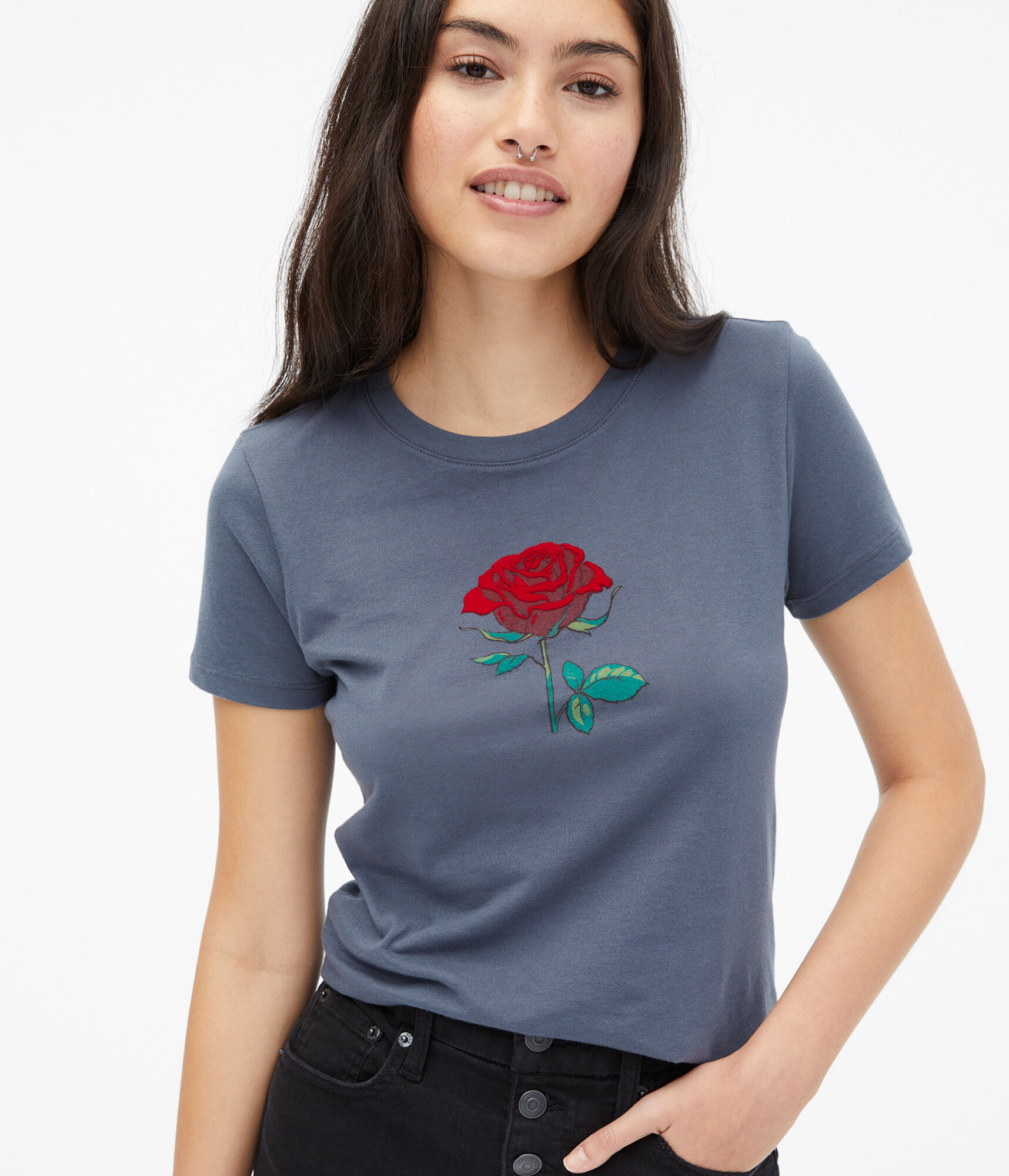 Single Flocked Rose Graphic Tee