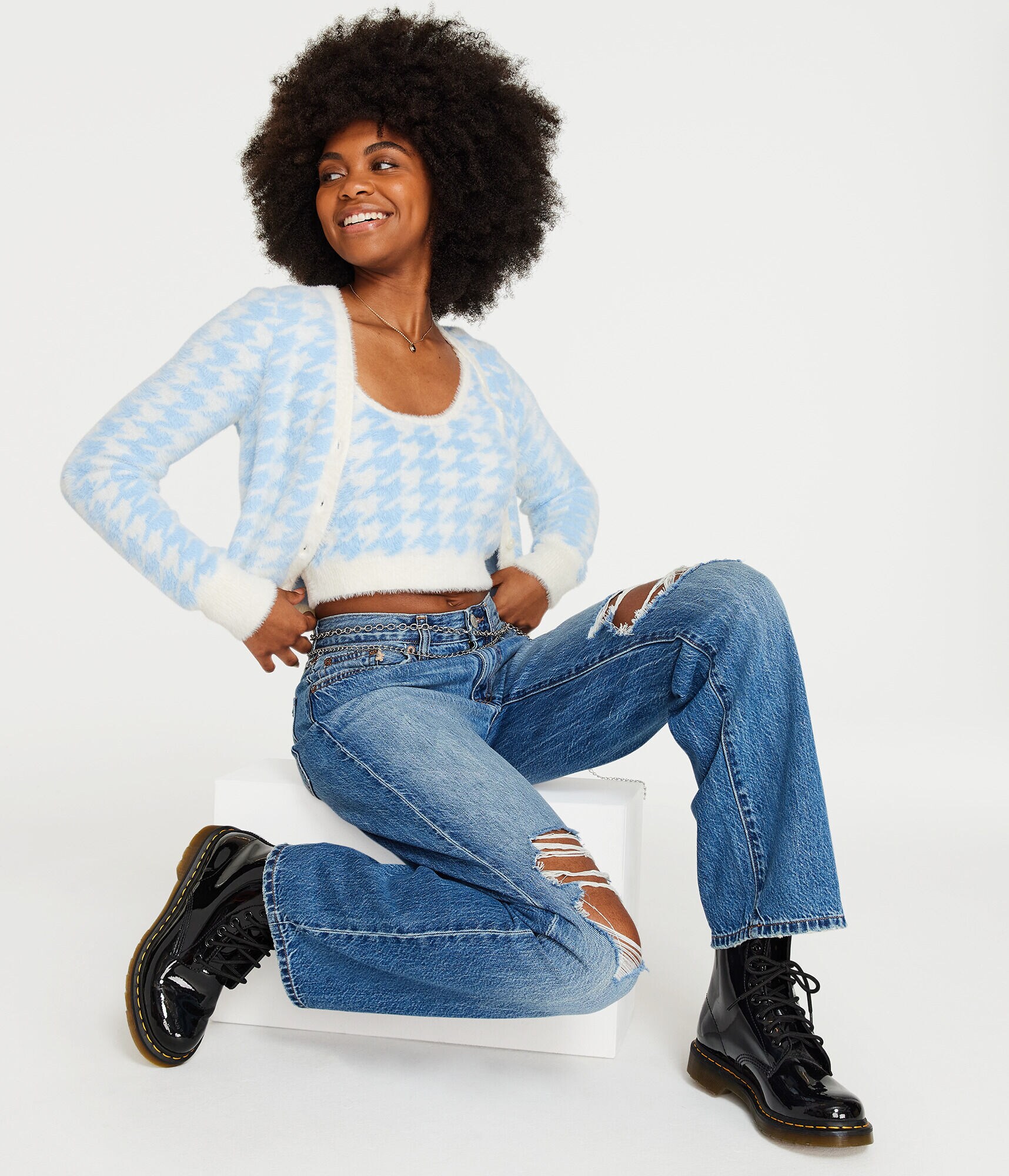 Fuzzy Houndstooth Cropped Cardigan