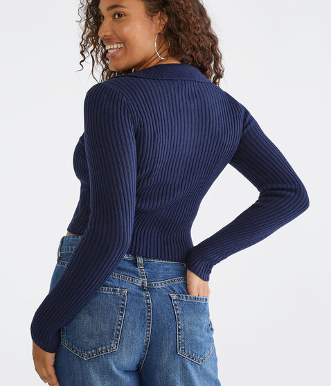Long Sleeve Cropped Zip Polo Cardigan